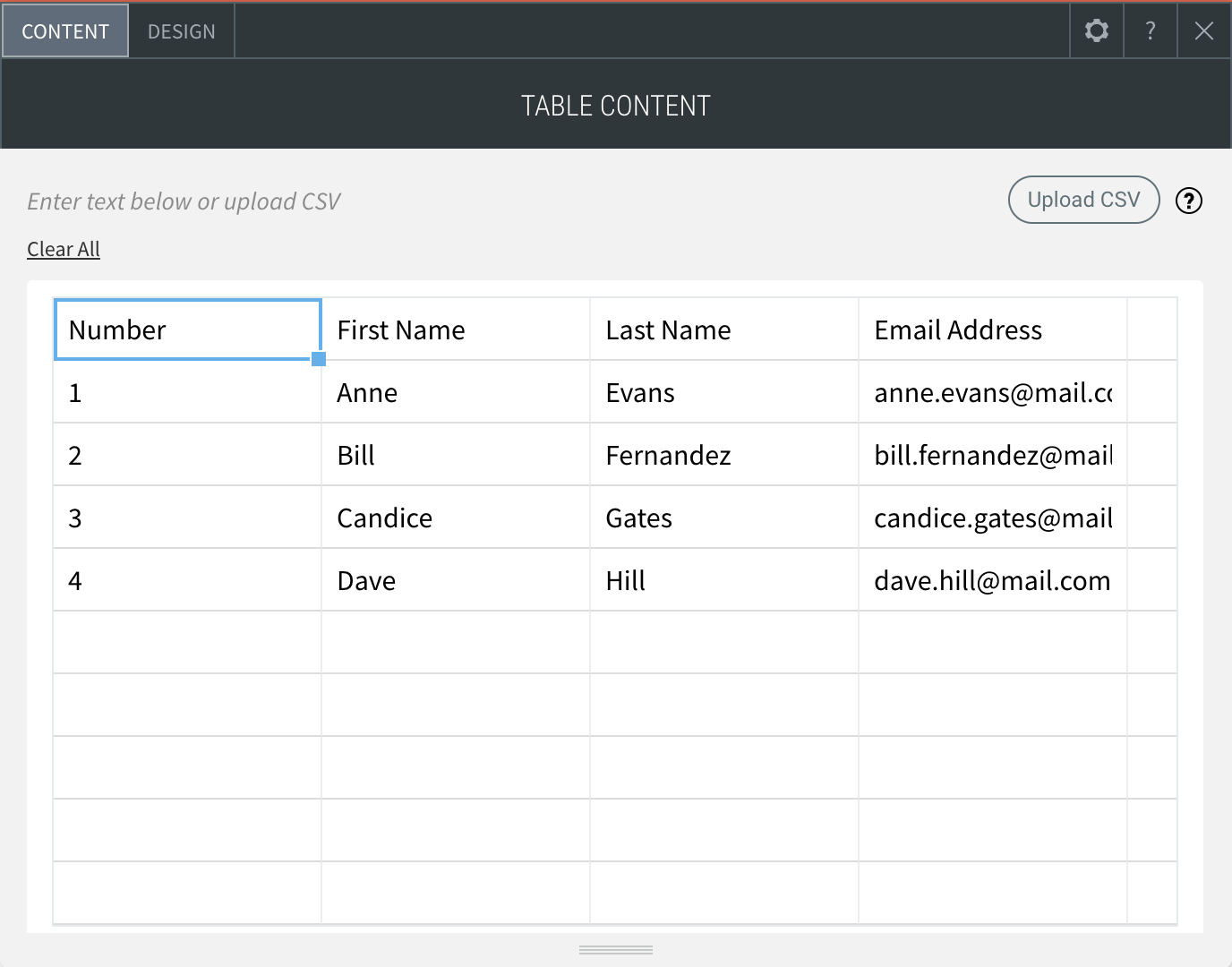 The Table Widget editor