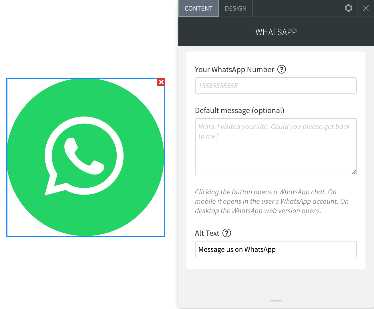 The WhatsApp Widget editor