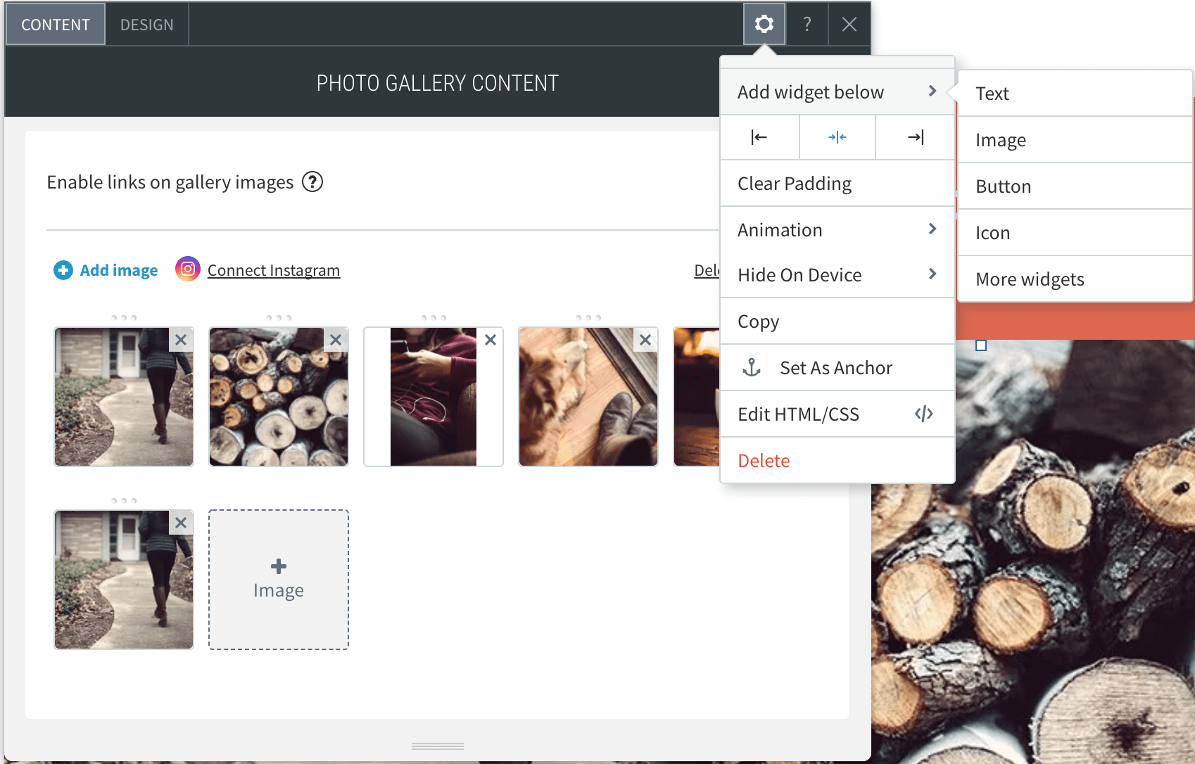 Demonstrating where "Add Widget Below" is in the Context Menu 