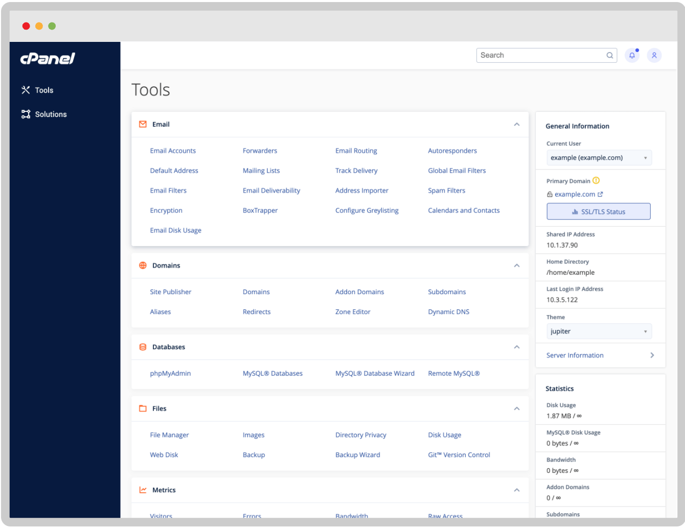 The tools available on cPanel