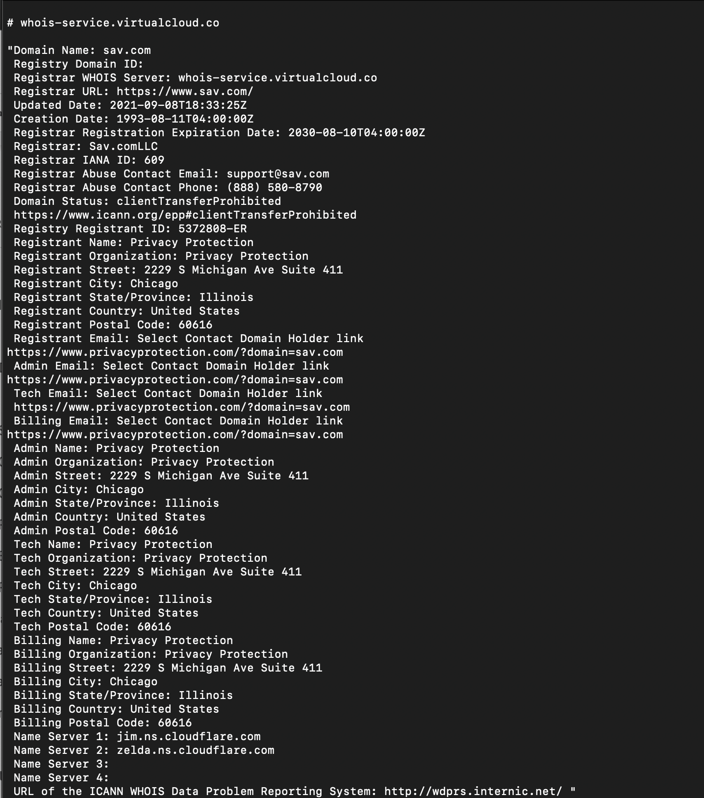 A WHOIS lookup of sav.com