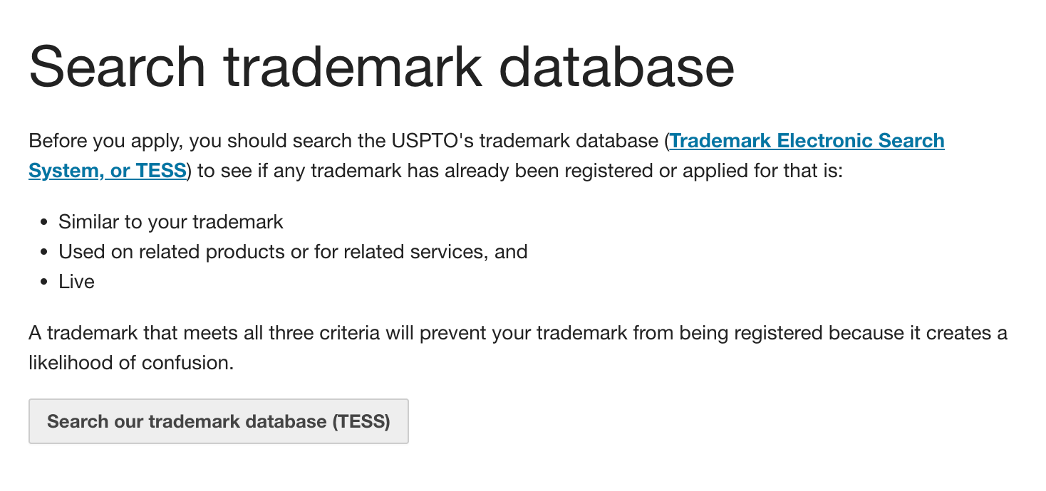 The trademark database's homepage