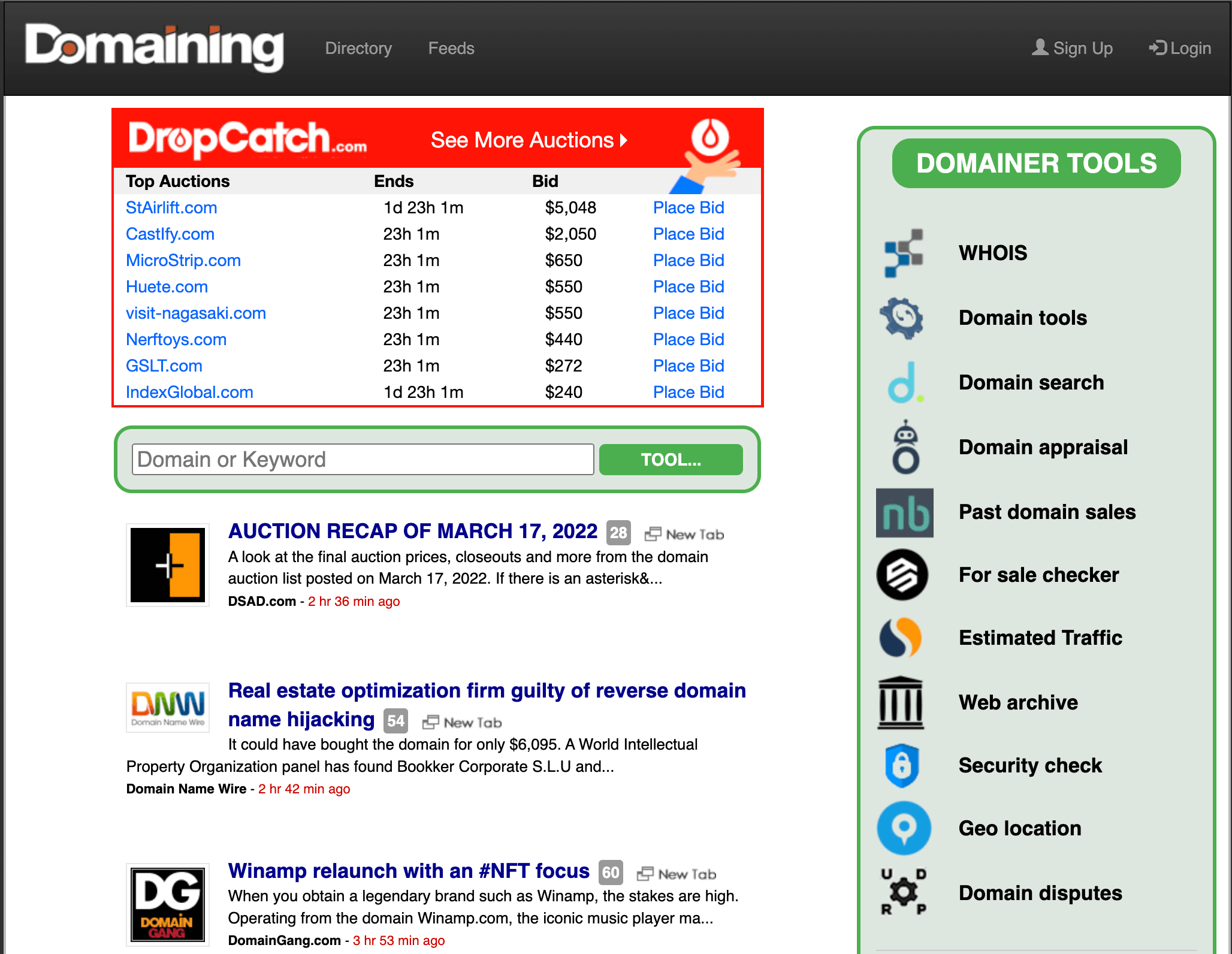 Domaining.com's home page