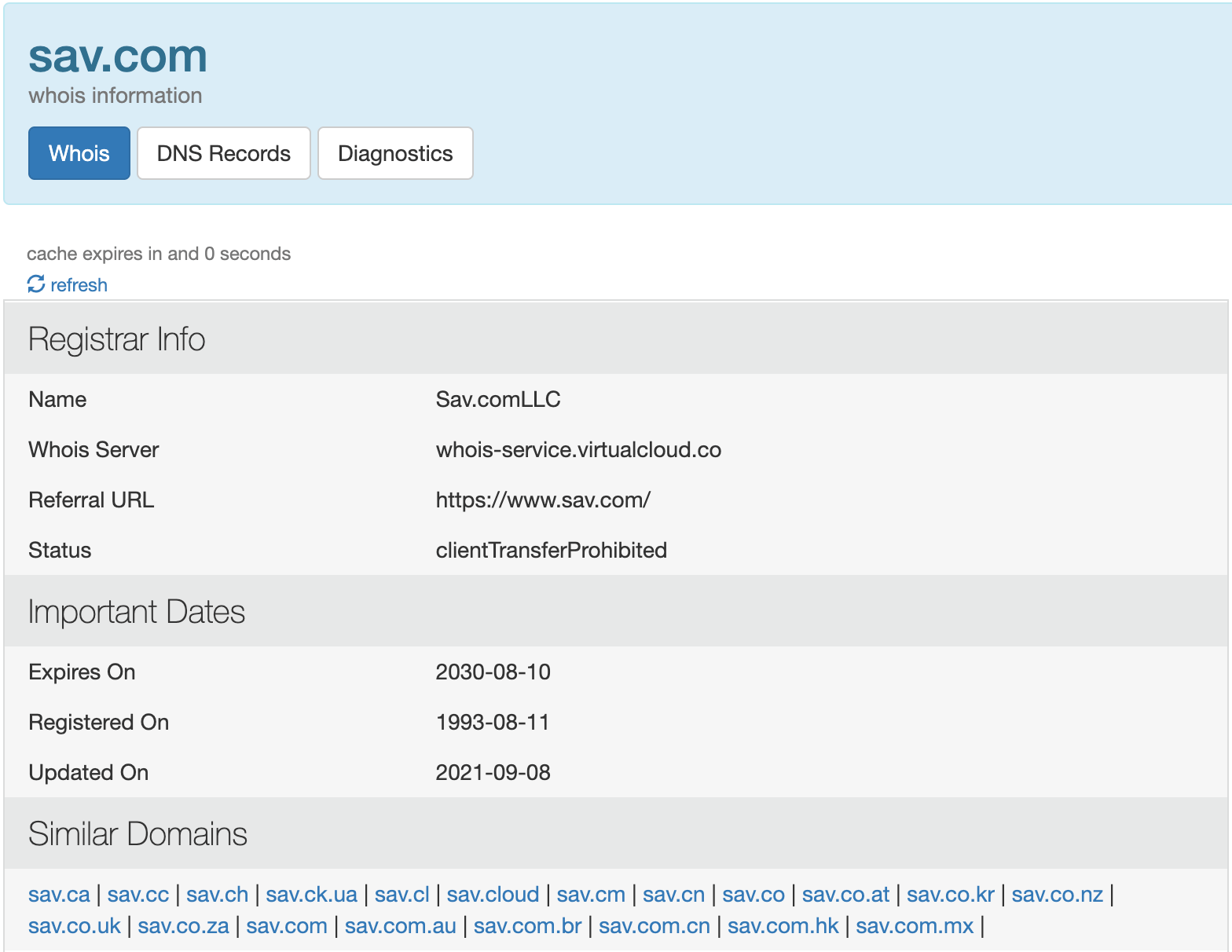 The Who.is lookup for Sav.com