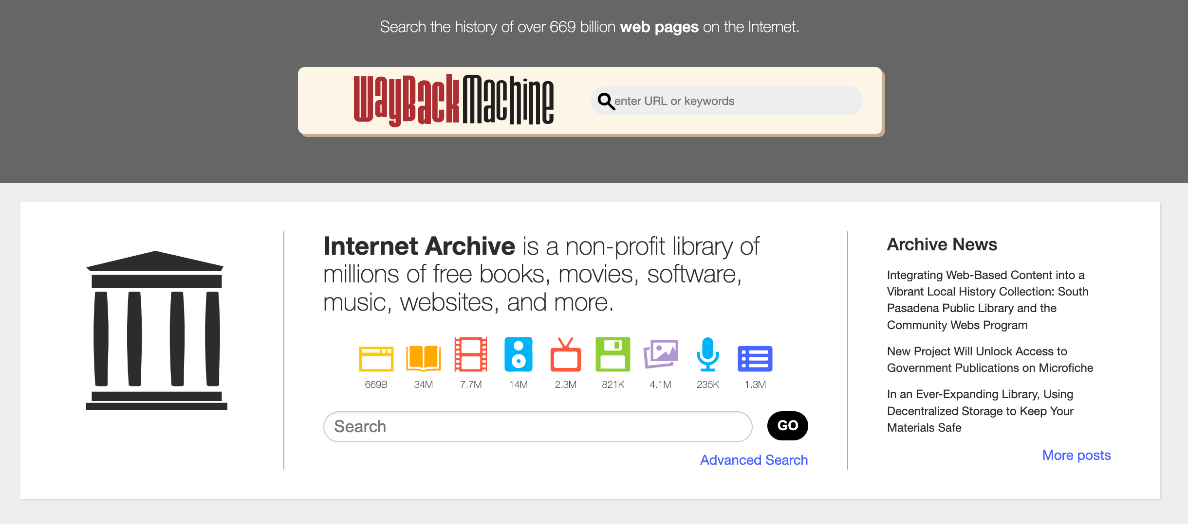 The Wayback Machine's home page
