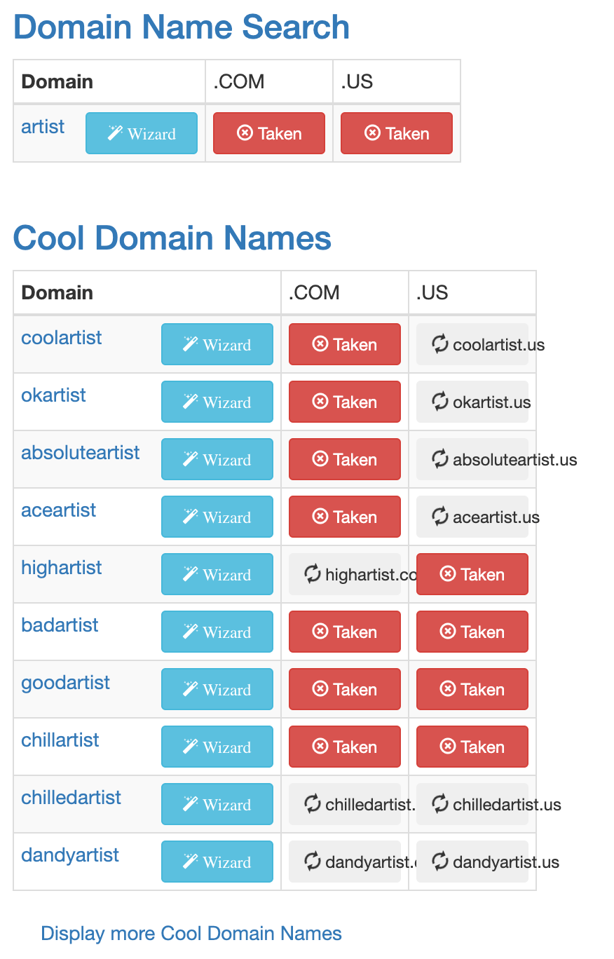 Domain Name Soup's "cool" suggestions based on "artist"