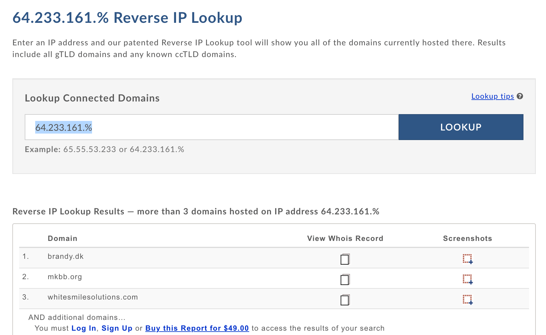 The reverse IP lookup with one to the example IP addresses they gave. 