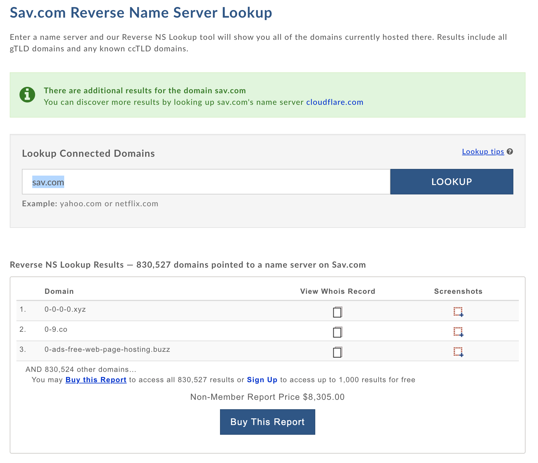 A results screen showing that there are 830,527 domains pointed to sav.com nameservers