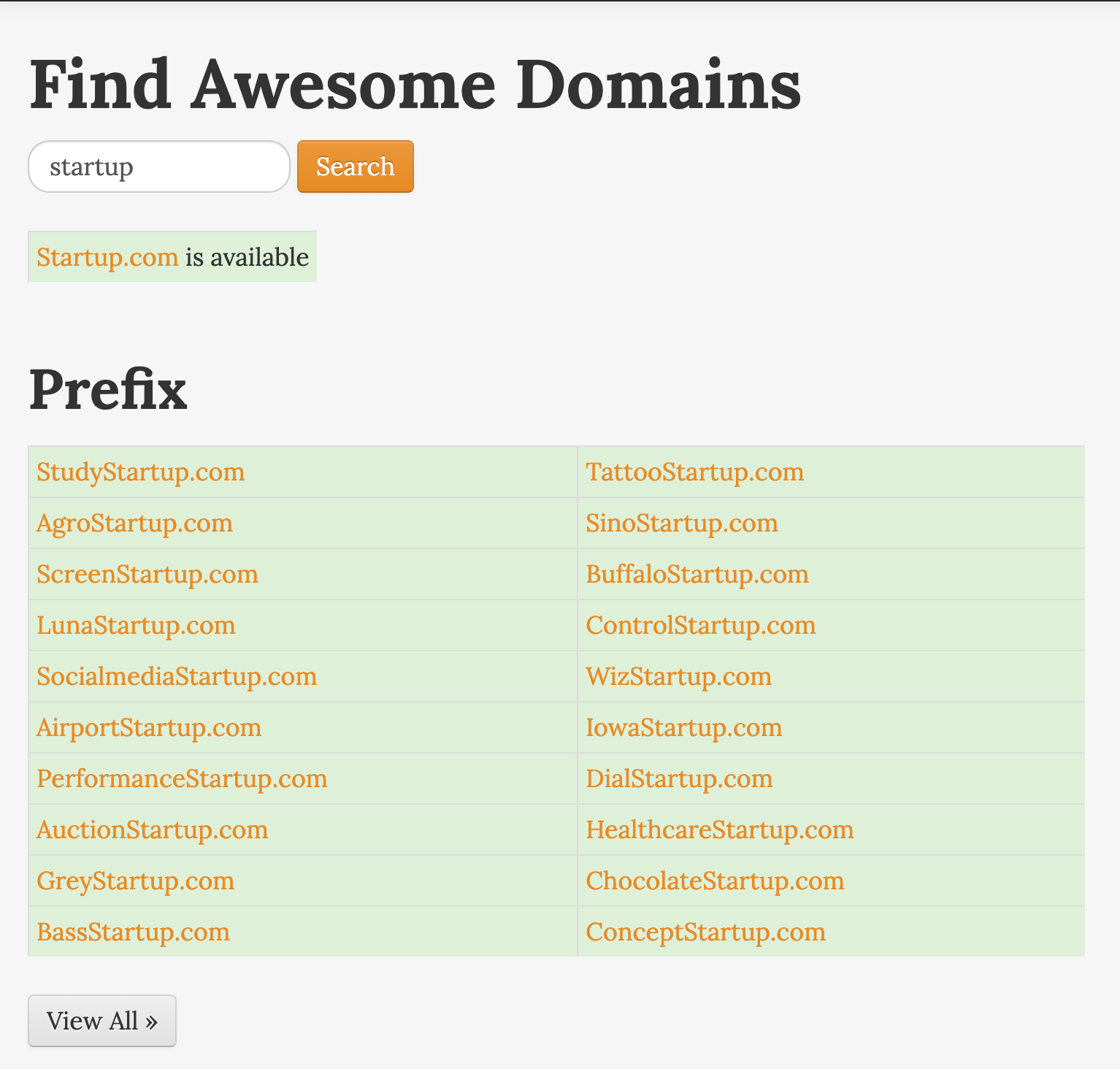 Domainling's prefix suggestions based on "startup"