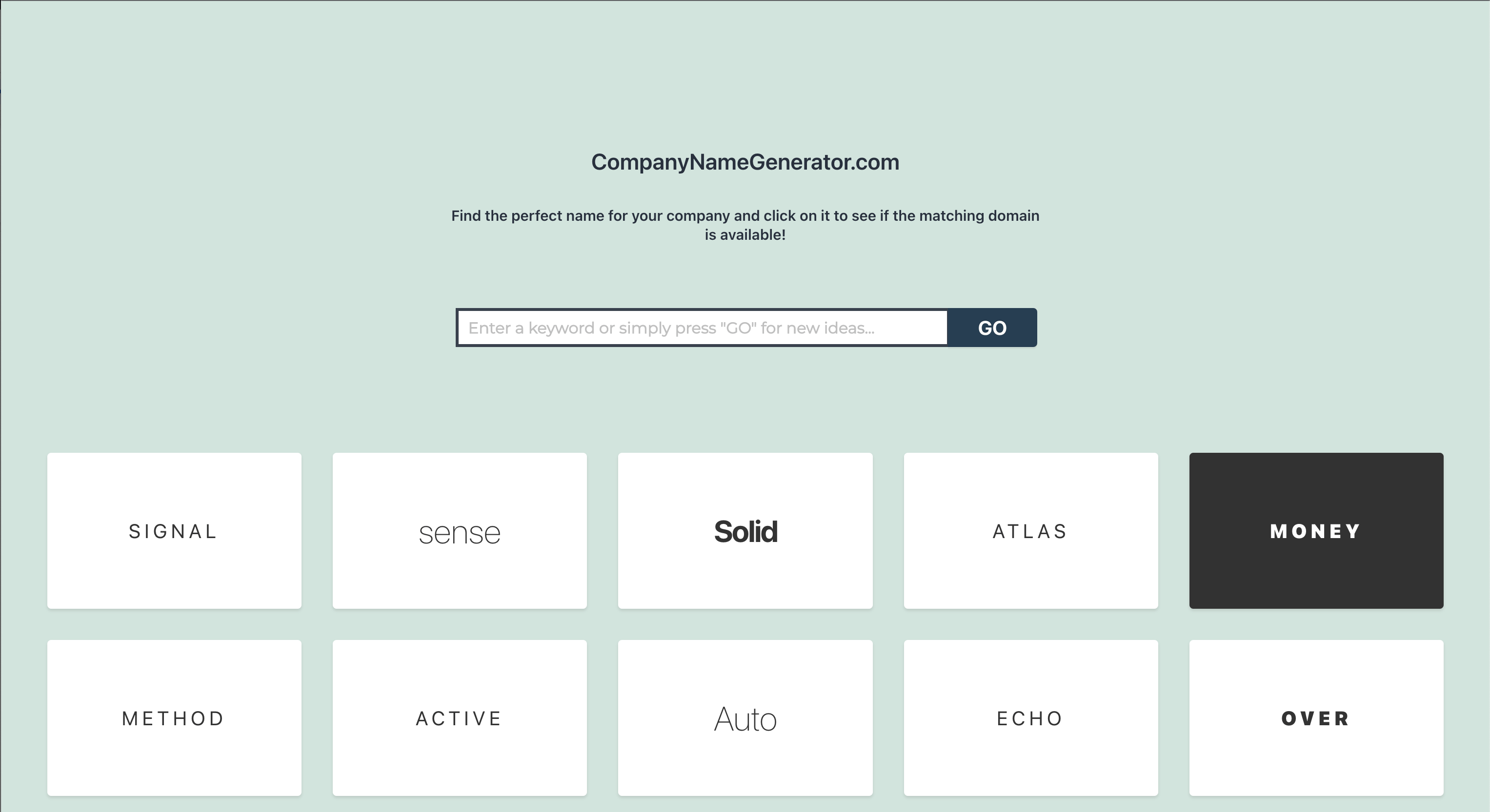 The home page of Company Name Generator with tiles that read signal, sense, solid, atlas, money, method, active, auto, echo, and over