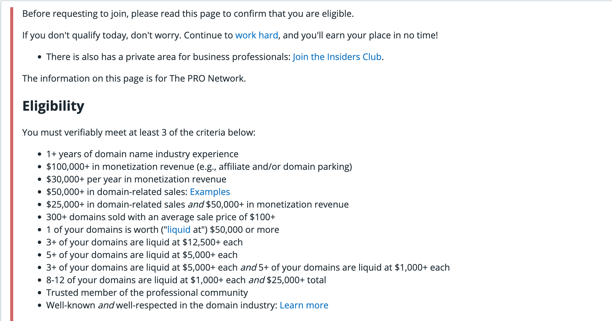 The eligibility criteria for the Pro Network