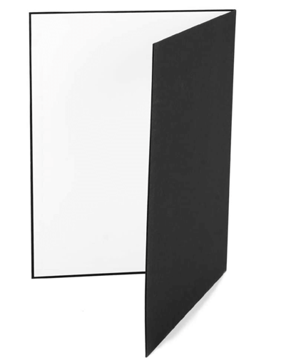 A folding bounce card that is white on one side and black on the other.