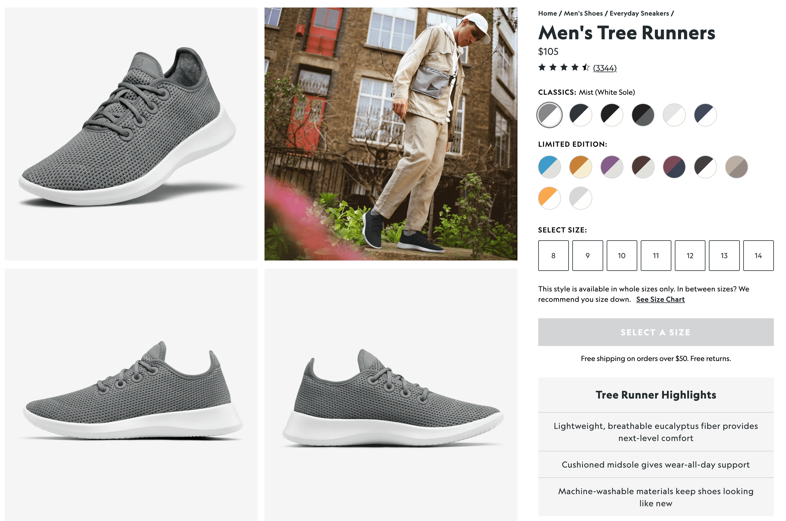 A product page for a pair of sneakers showing the shoe at different angles and a young man modeling them.
