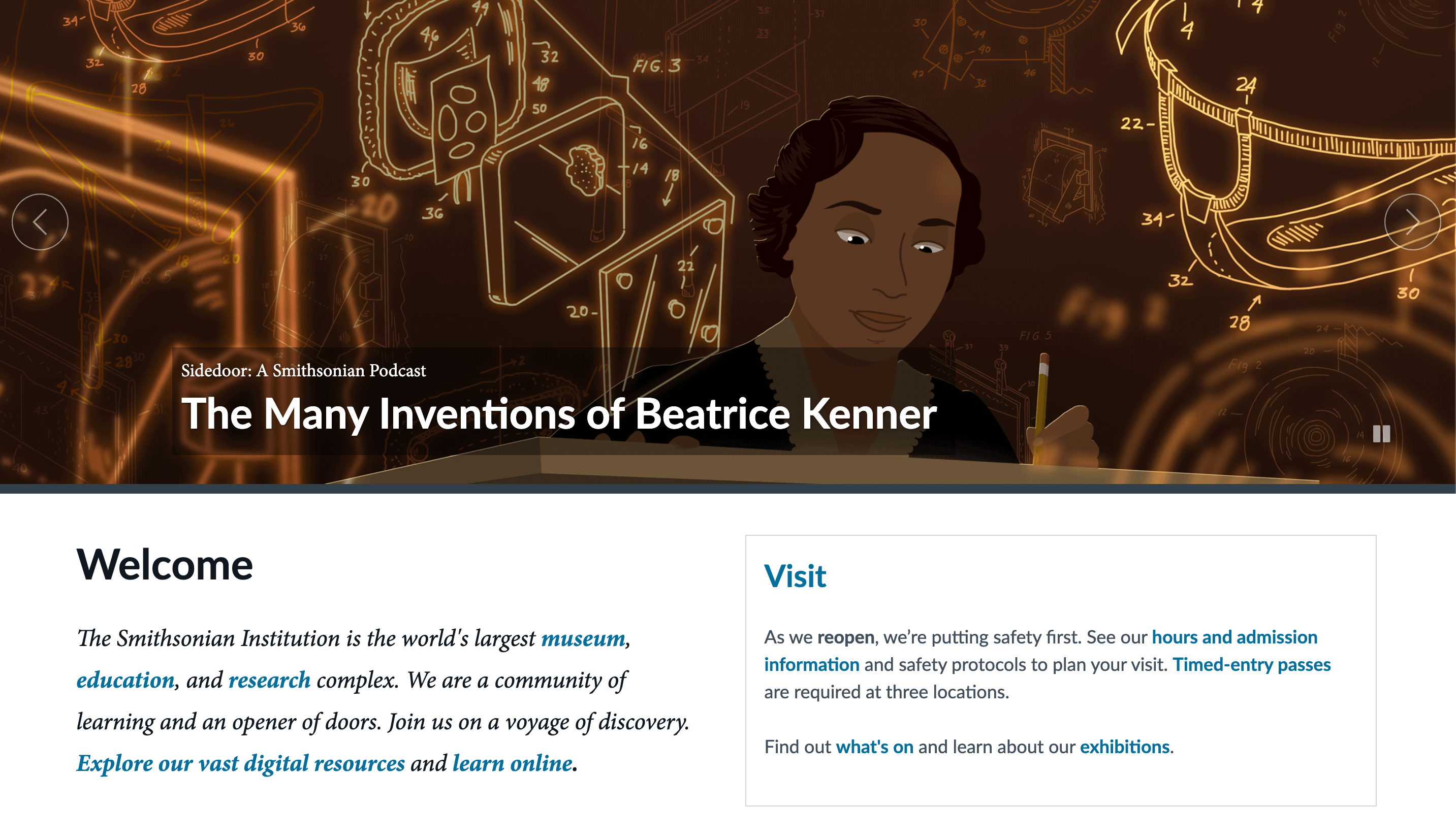 The Smithsonian Institution's home page featuring a promotion for their podcast episode about Beatrice Kenner