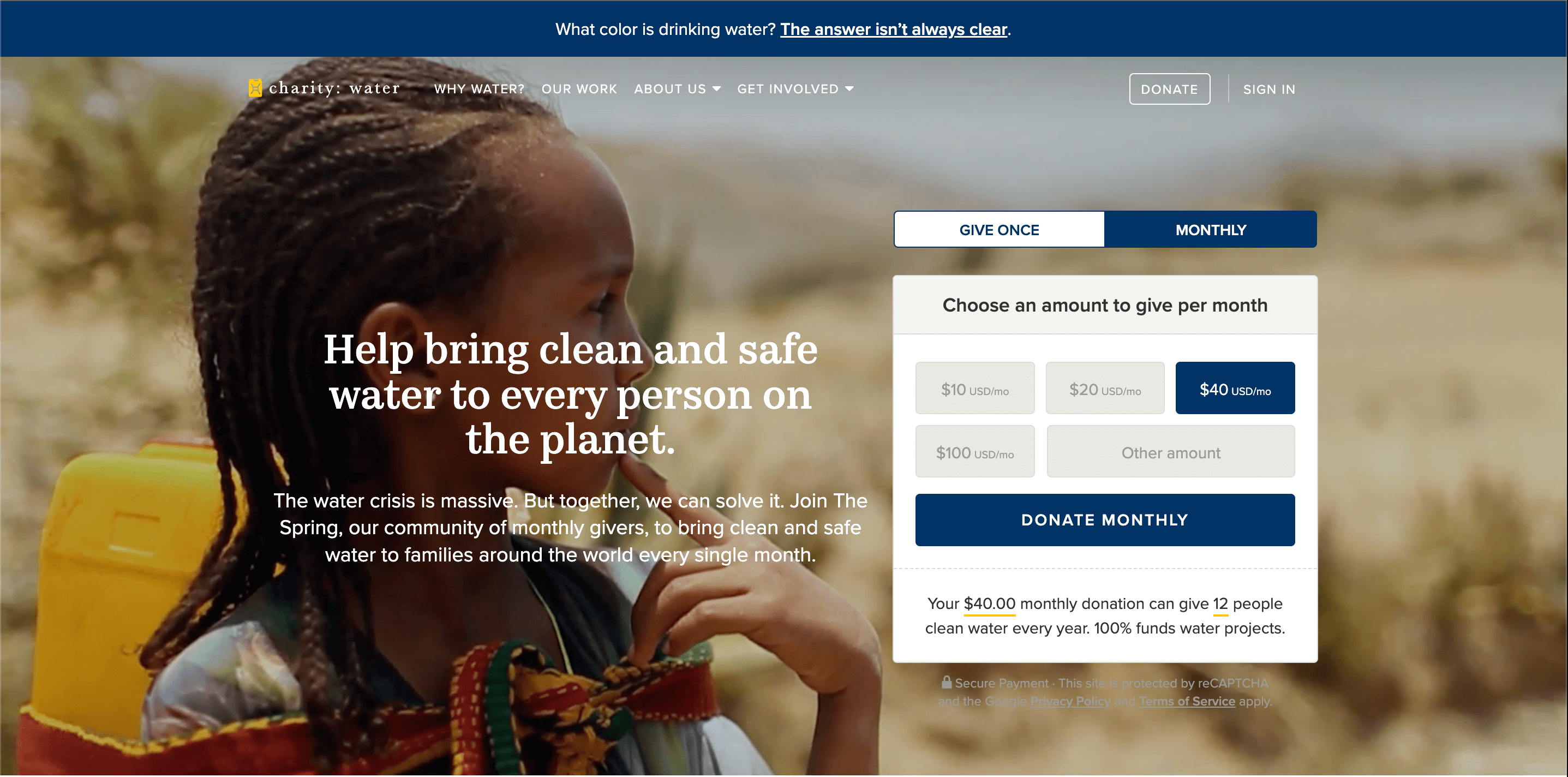 charity: water's home page