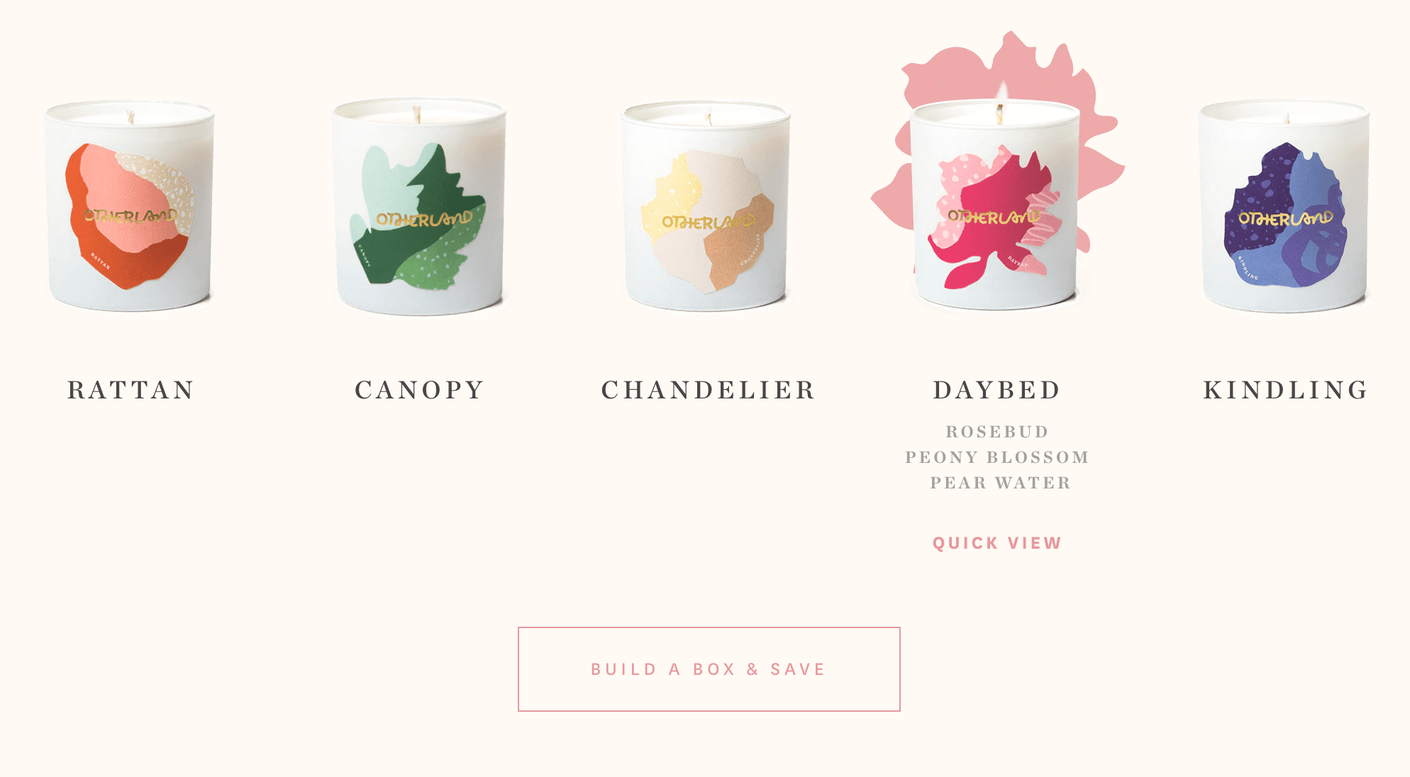 Five candles in jars with colorful, abstract illustrations. 