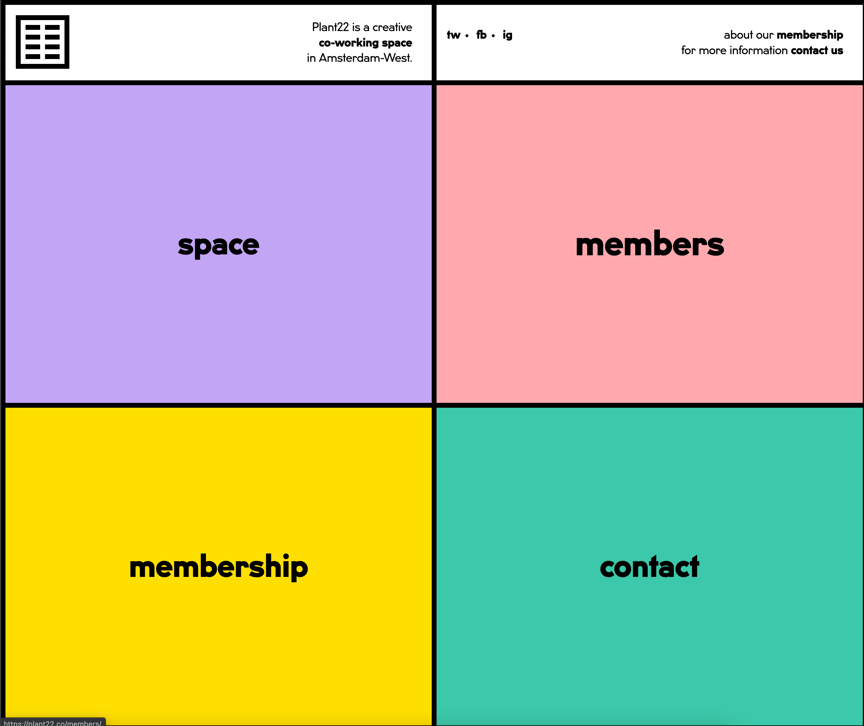 Plant22's website, which is divided into four quadrants labeled "space," "members", "membership", and "contact