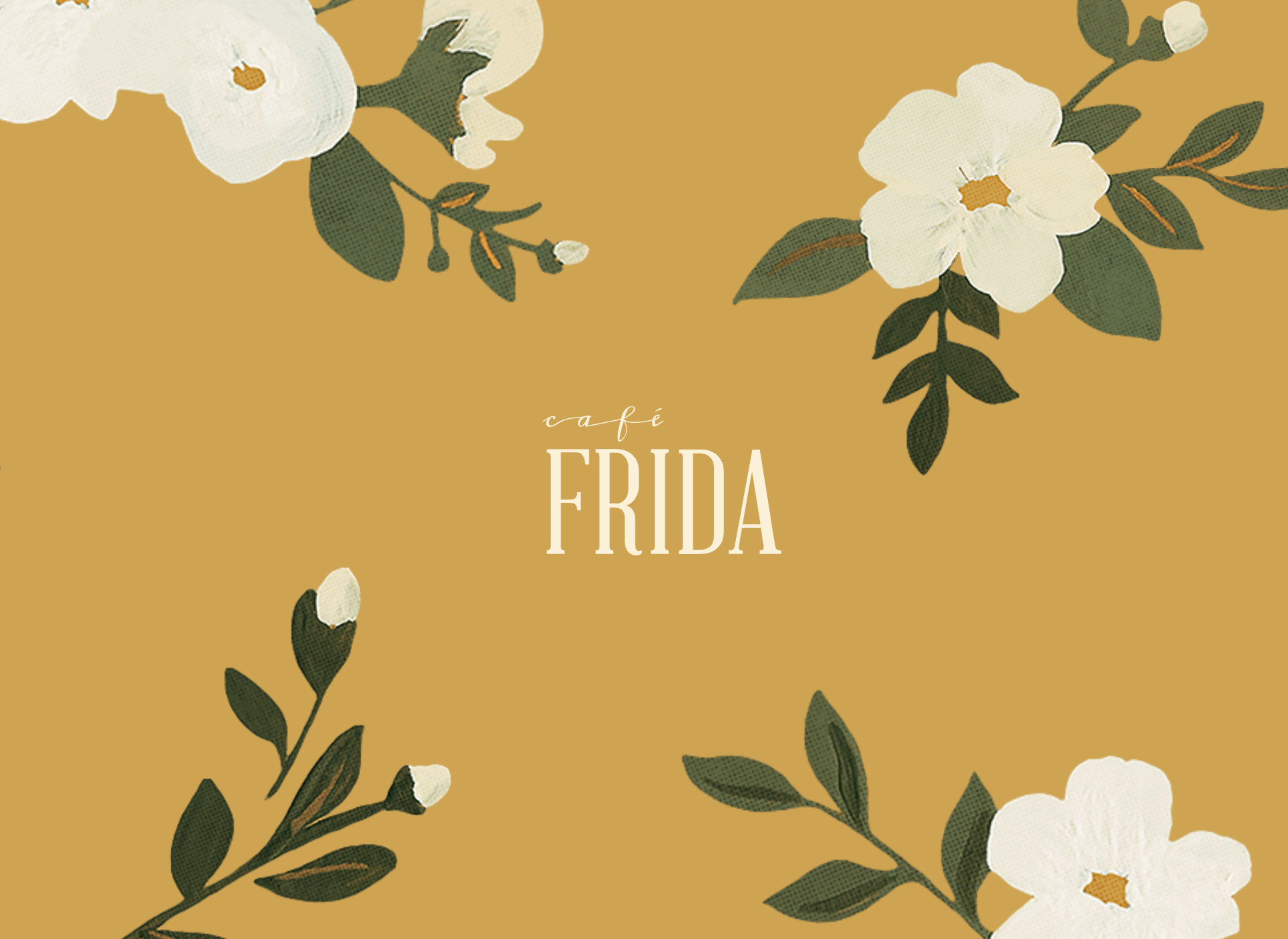 The header of Cafe Frida's website, featuring the logo and painted white flowers