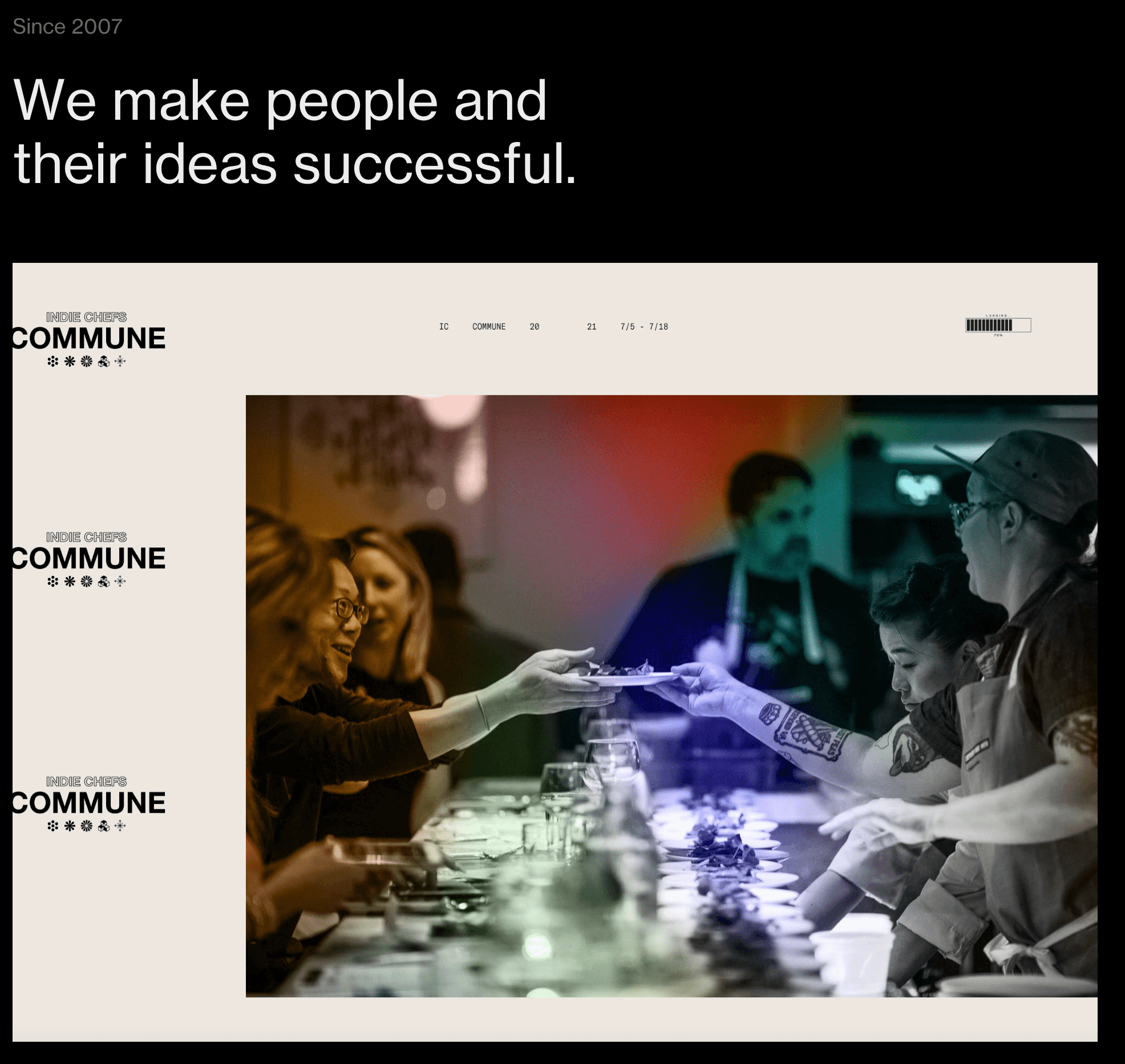 Alway's Creative's website header featuring the words "we make people and their ideas successful" and an image of a waiter serving a restaurant patron. 