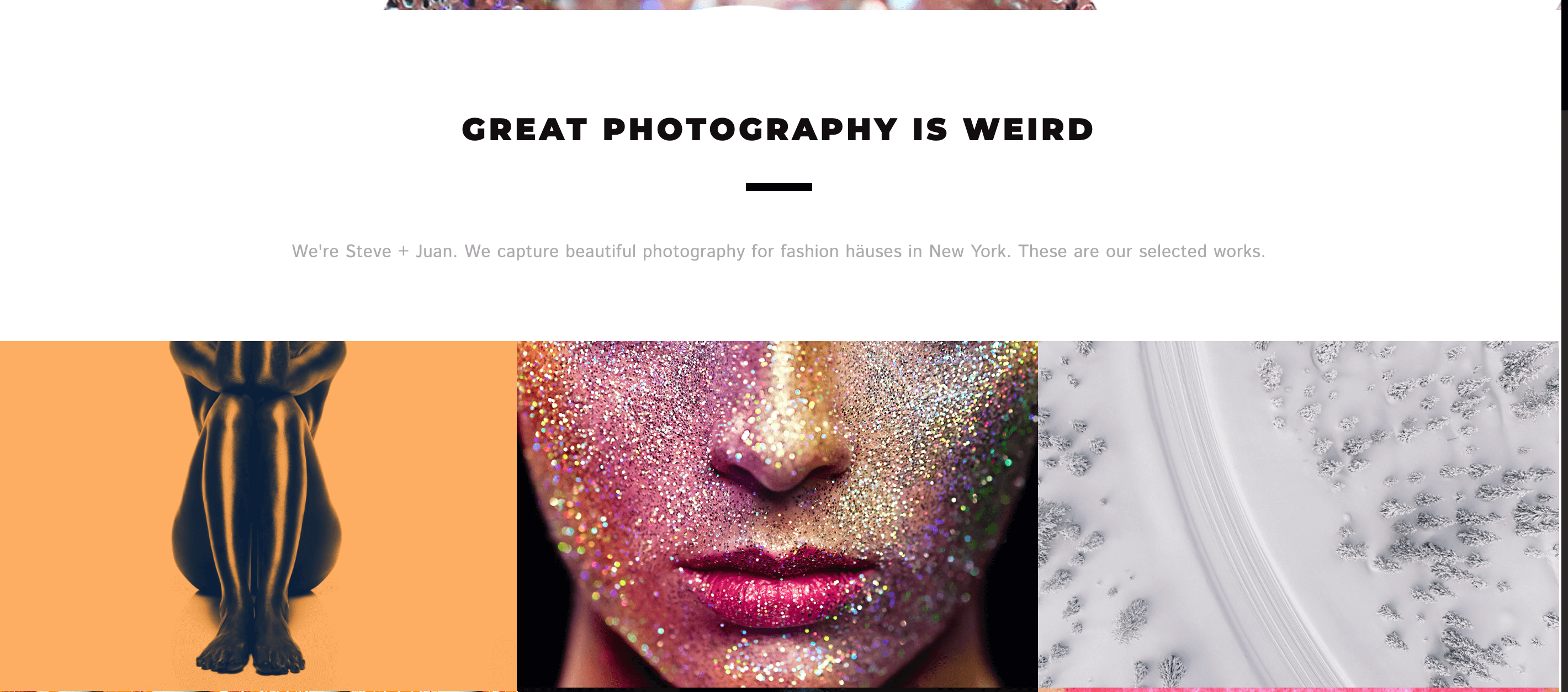 Part of 94 Photography's website featuring the words "Great Photography is Weird" and photos of a shiny model, a model with glitter covering their face, and an aerial view of a forest covered in snow