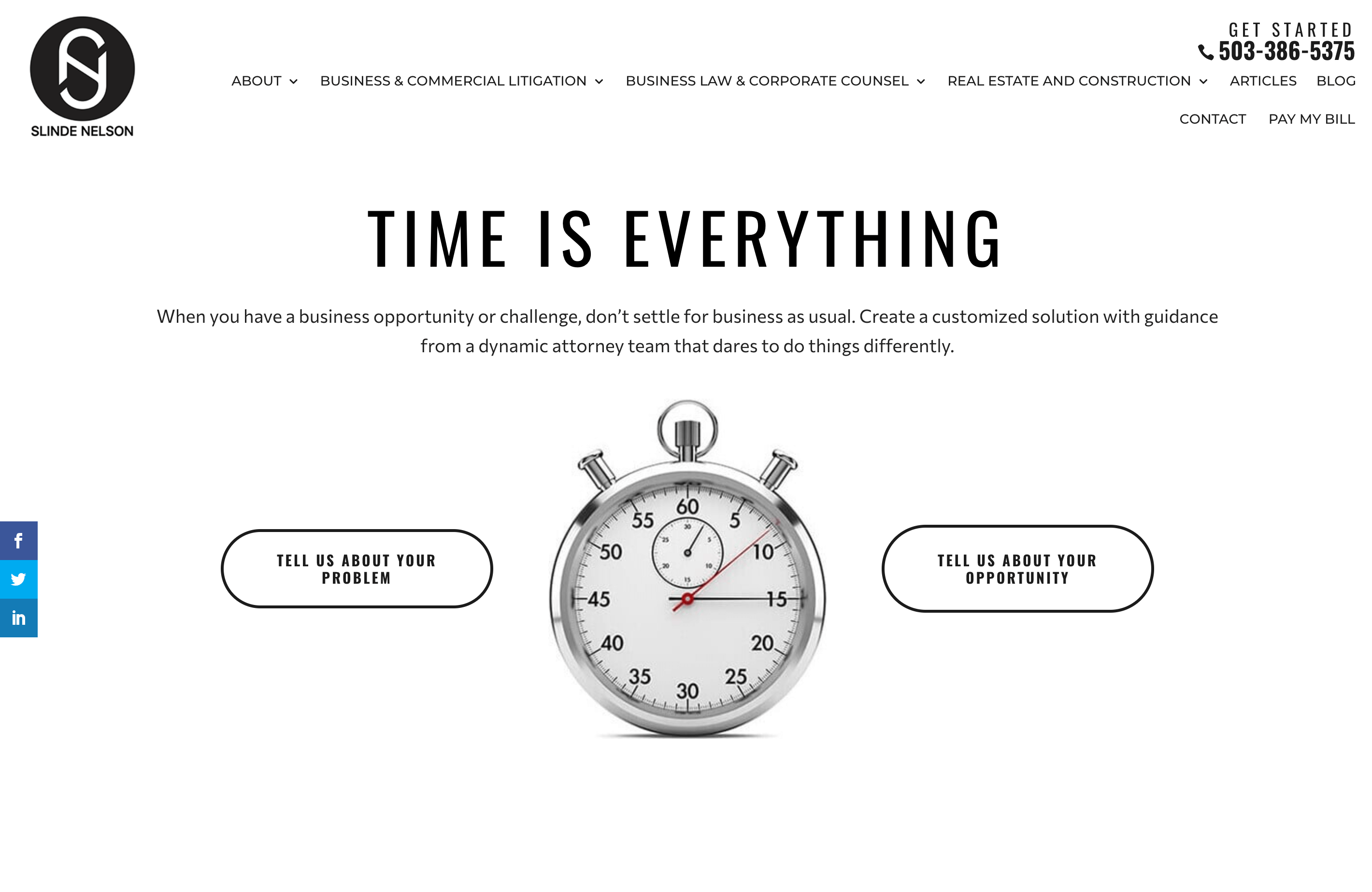 Slinde Nelson's homepage featuring a picture of a stopwatch, buttons that read "tell us about your problem" and "tell us about your opportunity," and the words "Time is everything"