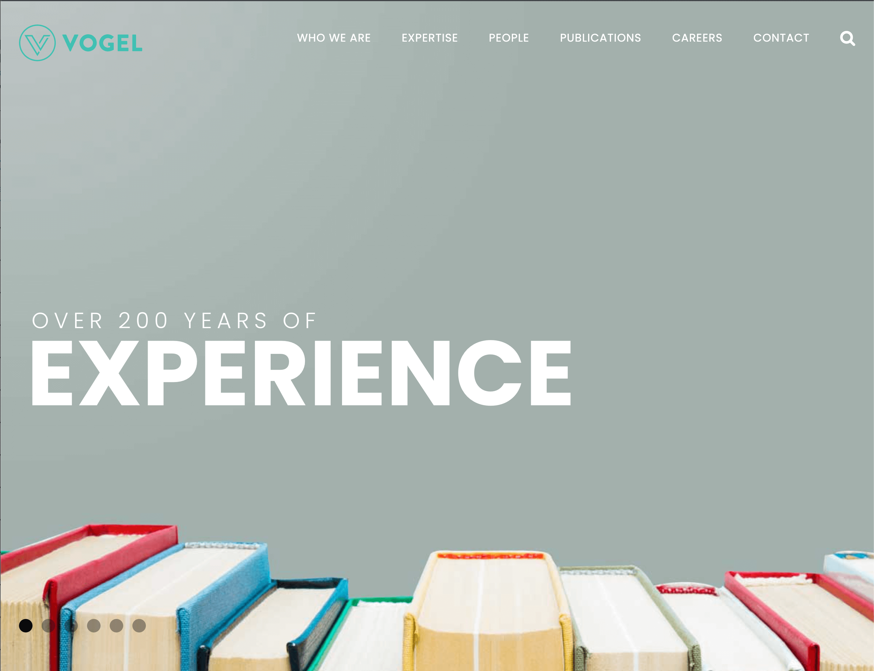 Vogel's homepage featuring a row of books and the words "over 200 years of experience