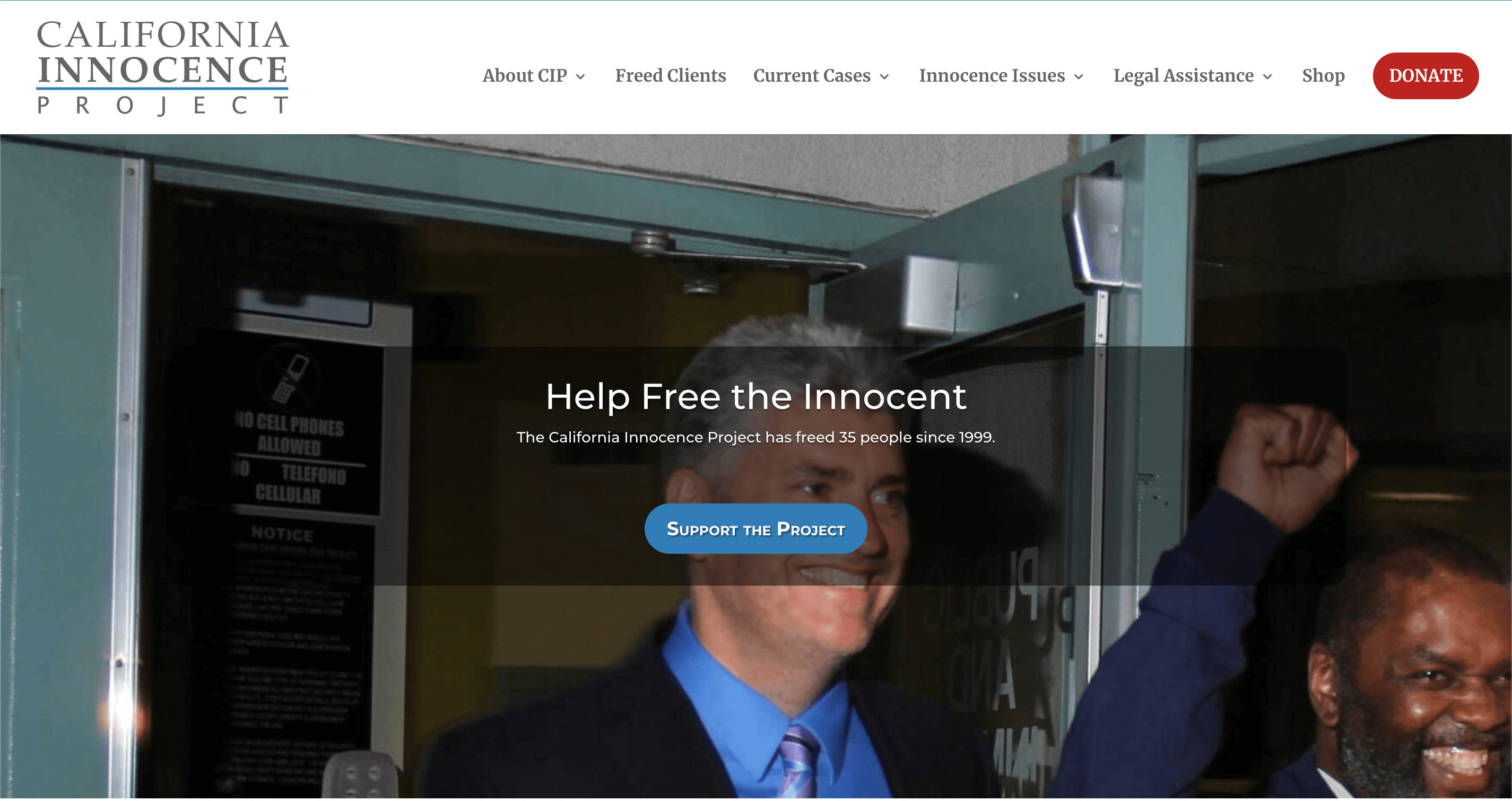 The California Innocence Project's homepage featuring a photo of an attorney with a client who is beaming and raising his fist in the air