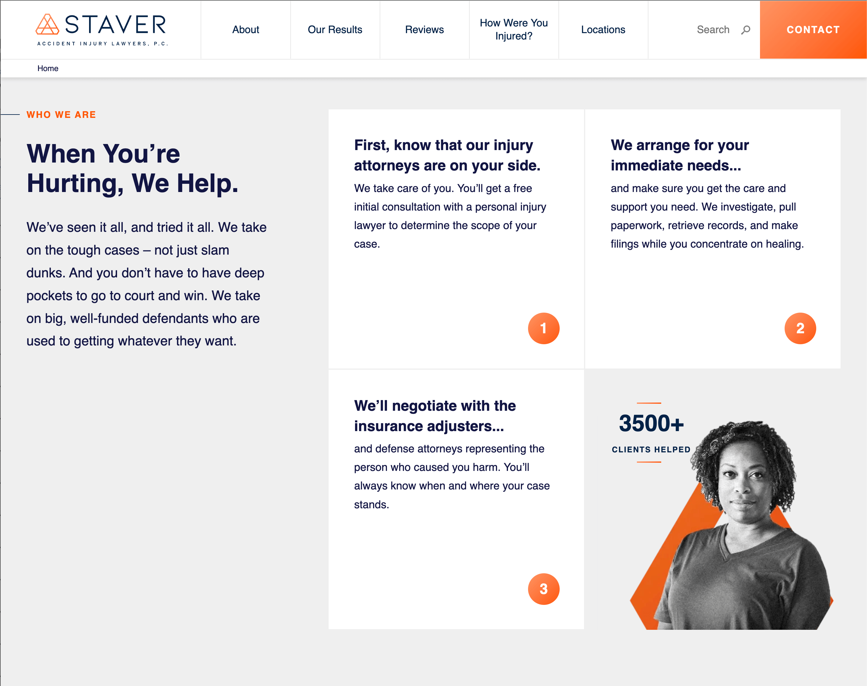 Staver's homepage. The design is simple with a lot of grey scale squares, orange accents, and a black and white photo of a black woman next to the words "3500+ clients helped"