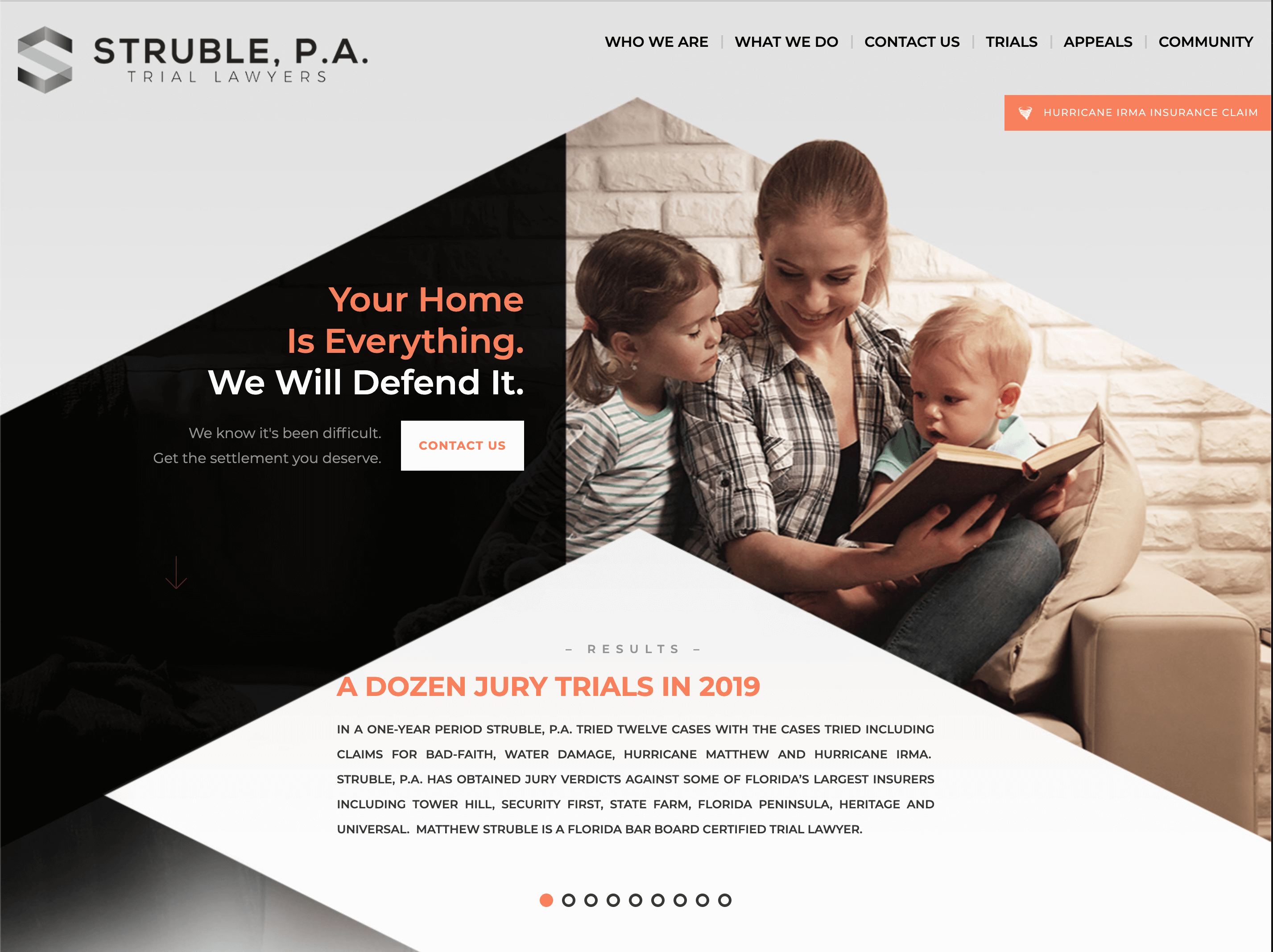 Struble's homepage featuring angular design and a photo of a white woman reading to two little kids. 