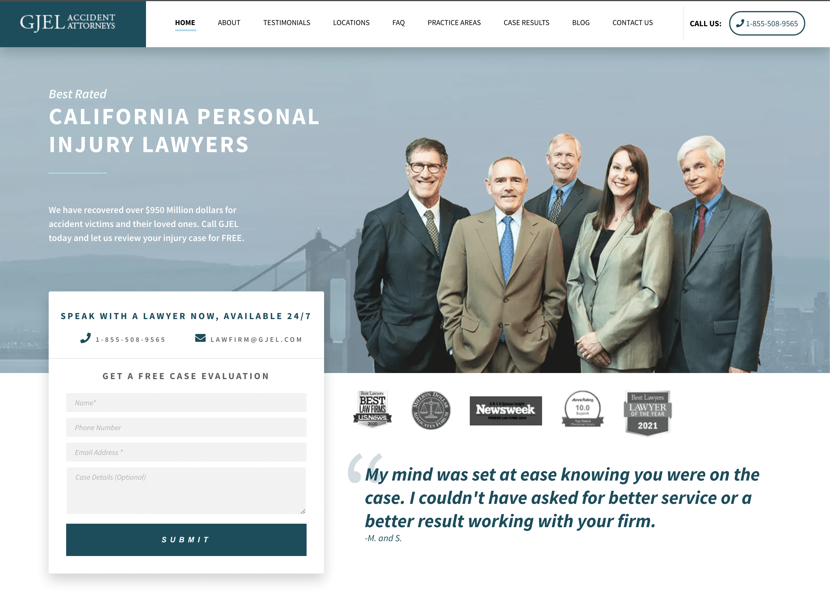 GJEL's homepage featuring a photo of the lawyers, a contact form, and logos of awards they've won