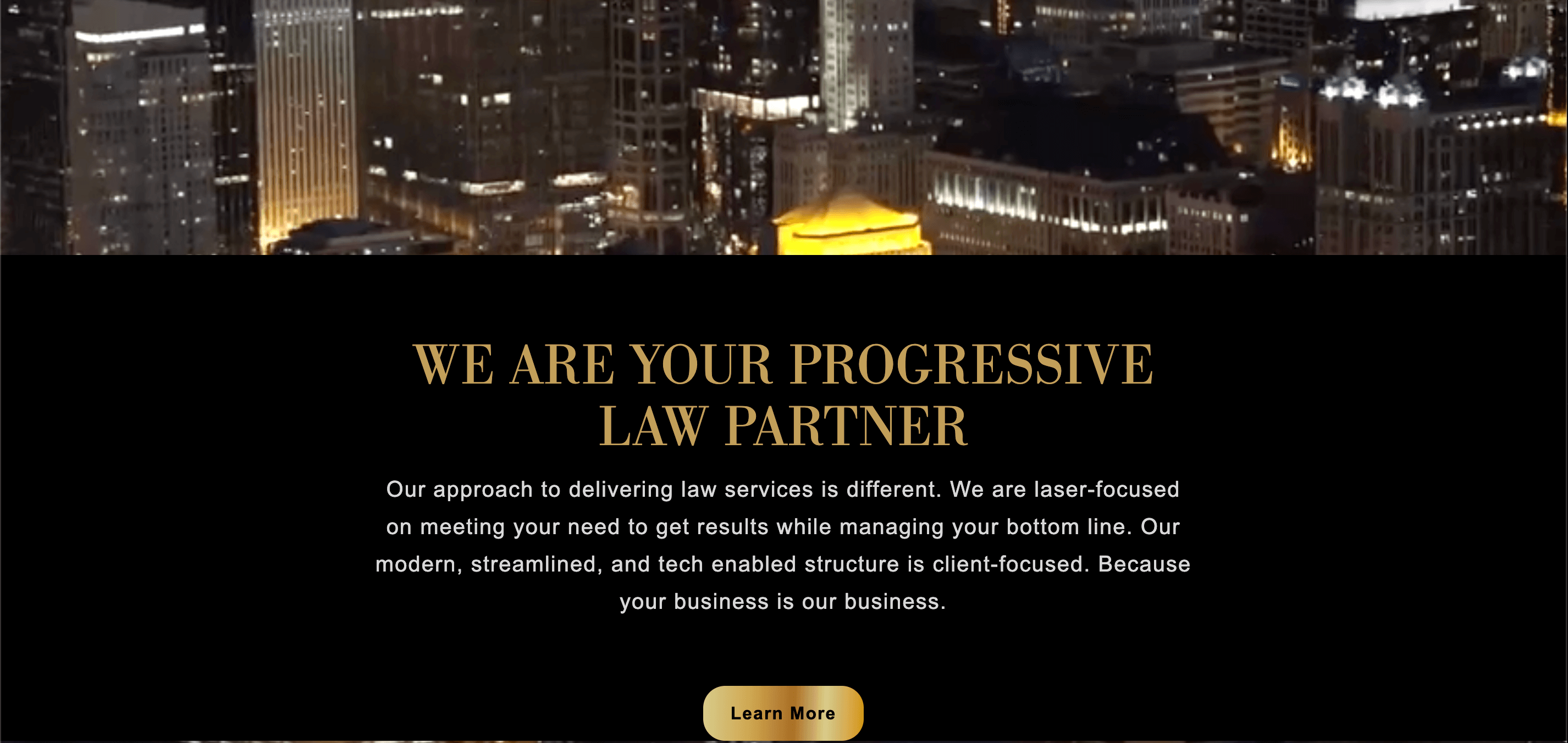 ASA law group's website. The background is a gif of a cityscape at night. The slogan reads "we are your progressive law partner"