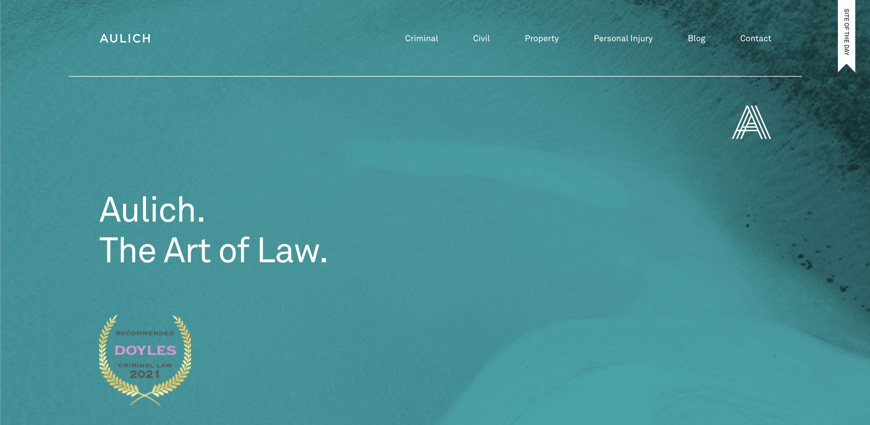 Aulich's homepage. The design is minimalist and sleek, featuring a background photo of a beach from overhead