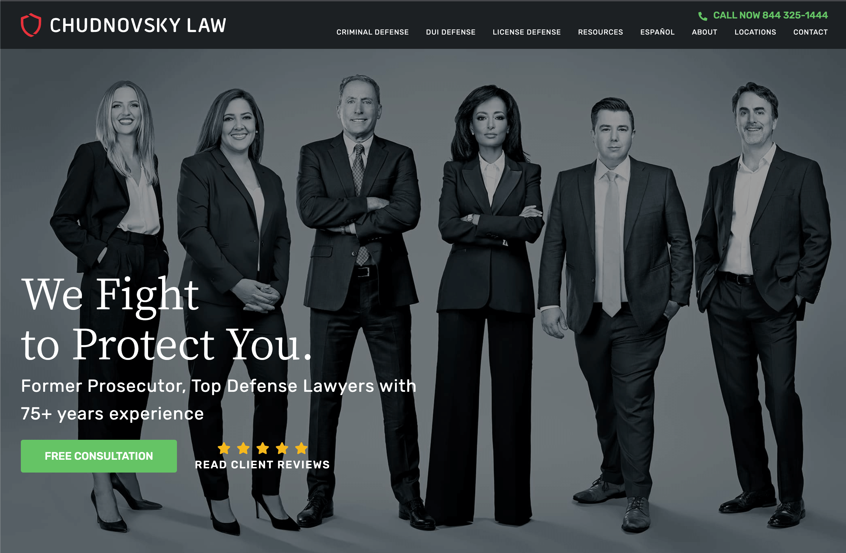 Chudnovsky Law's homepage featuring a photo of the team, the words "we fight to protect you" and a button to click to read client reviews