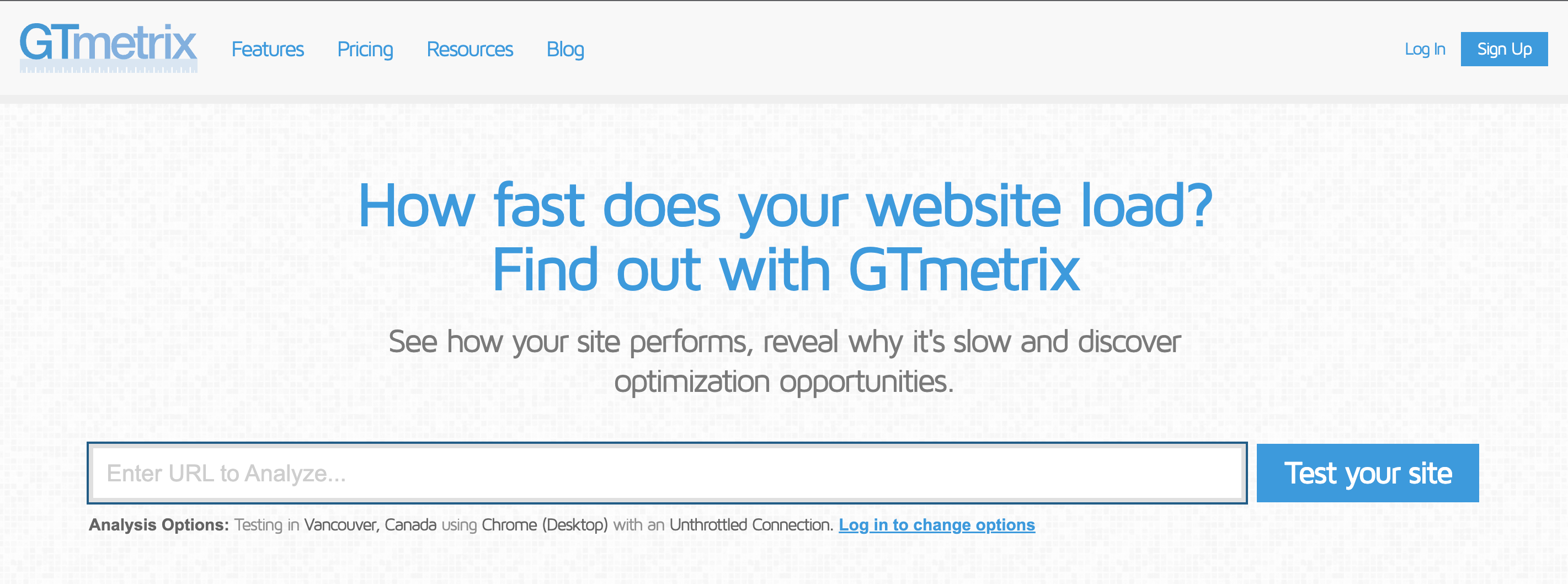 The homepage for GTmetrix