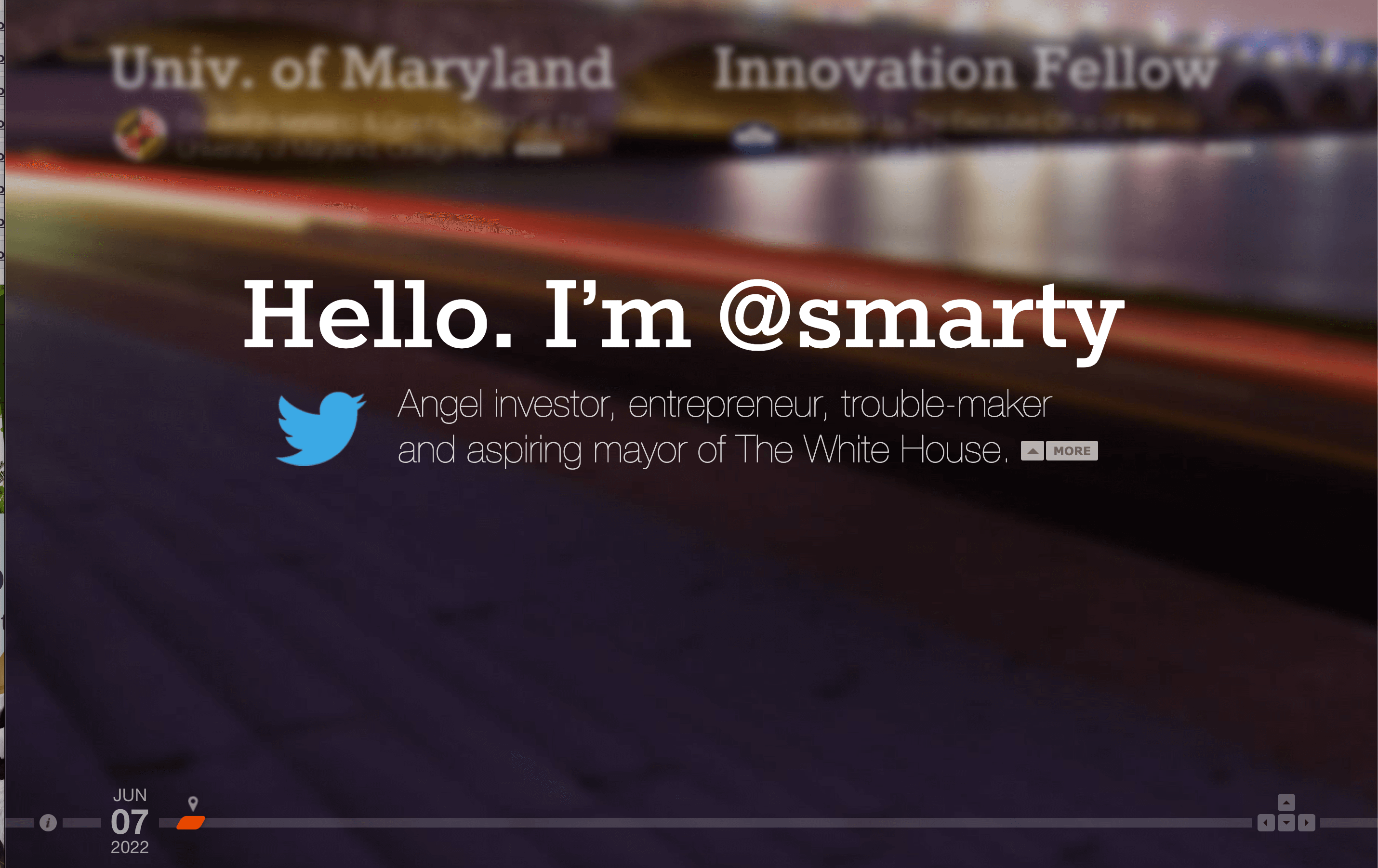 The homepage for Martin Ringlein's resume website. The text reads "Hello. I'm @smarty. Angel investor, entrepreneur, troublemaker, and aspiring mayor of the white house." There is a sliding timeline at the bottom of the page. 