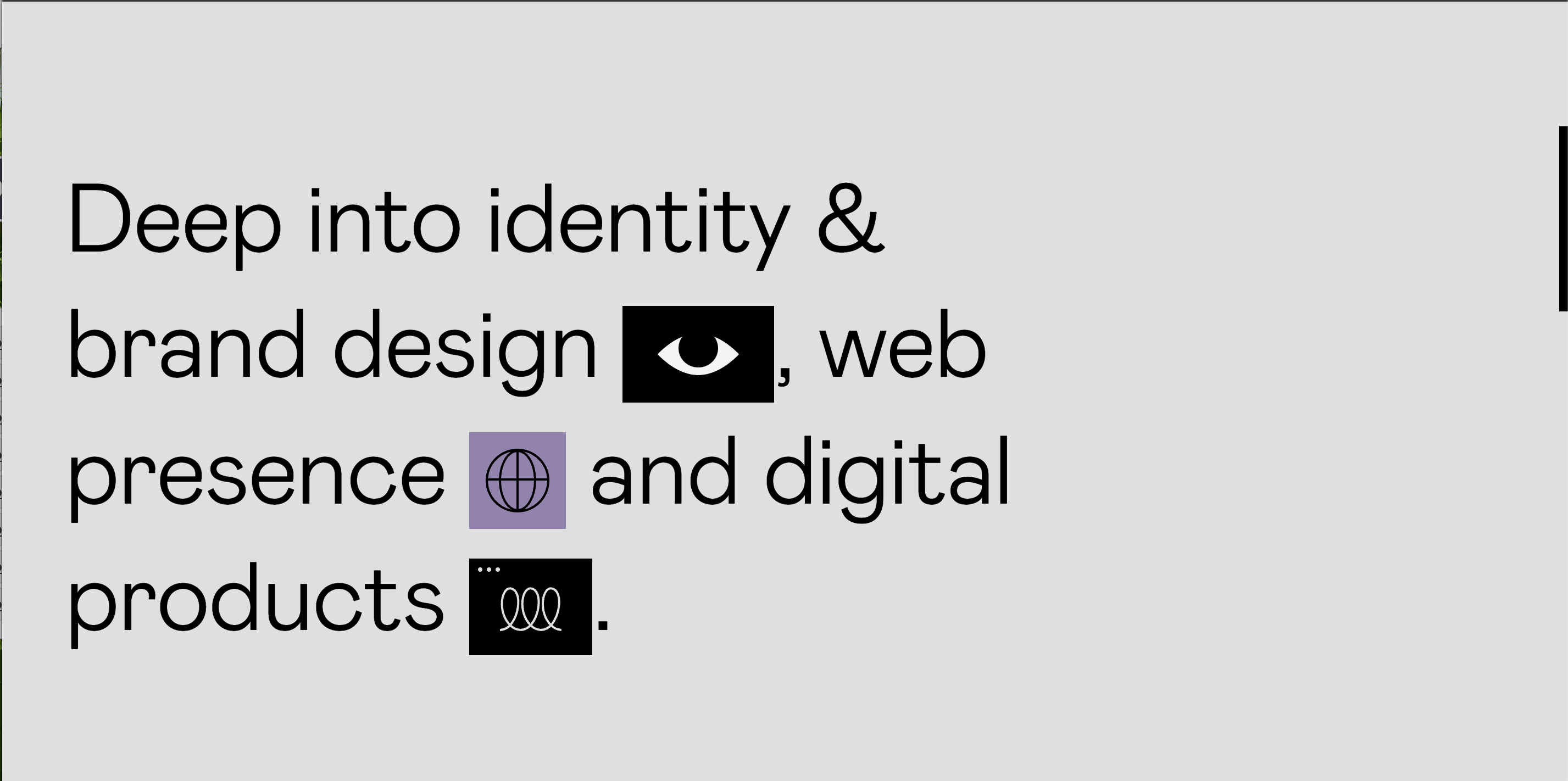 A page from Vladimir Gruev's resume website. The text reads "deep into identity and brand design, web presence, and digital products." Each item in that list is accompanied with a small square icon. 