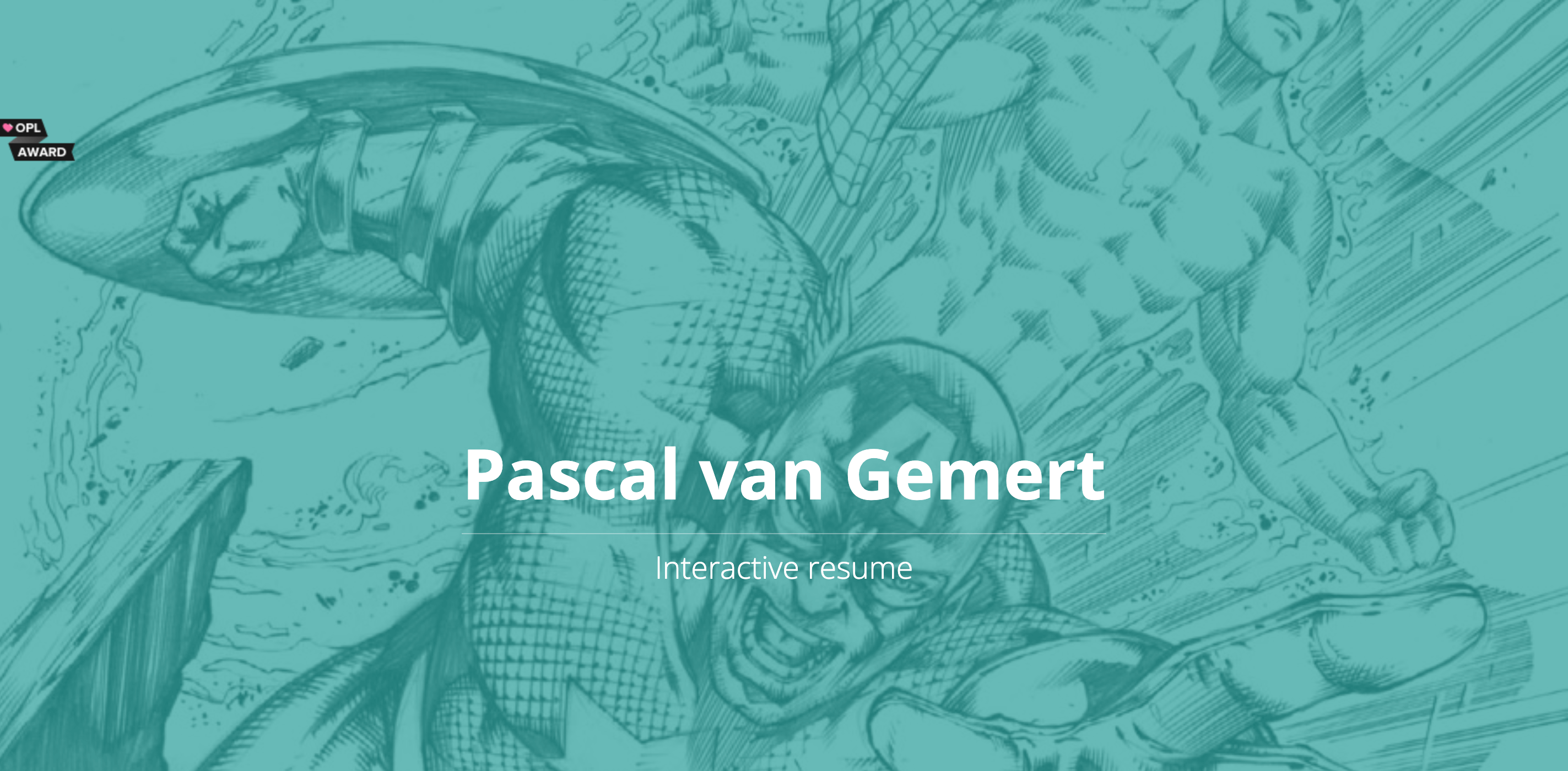 The homepage for Pascal van Gemert's interactive resume, featuring a comic book-style illustration as the background. 