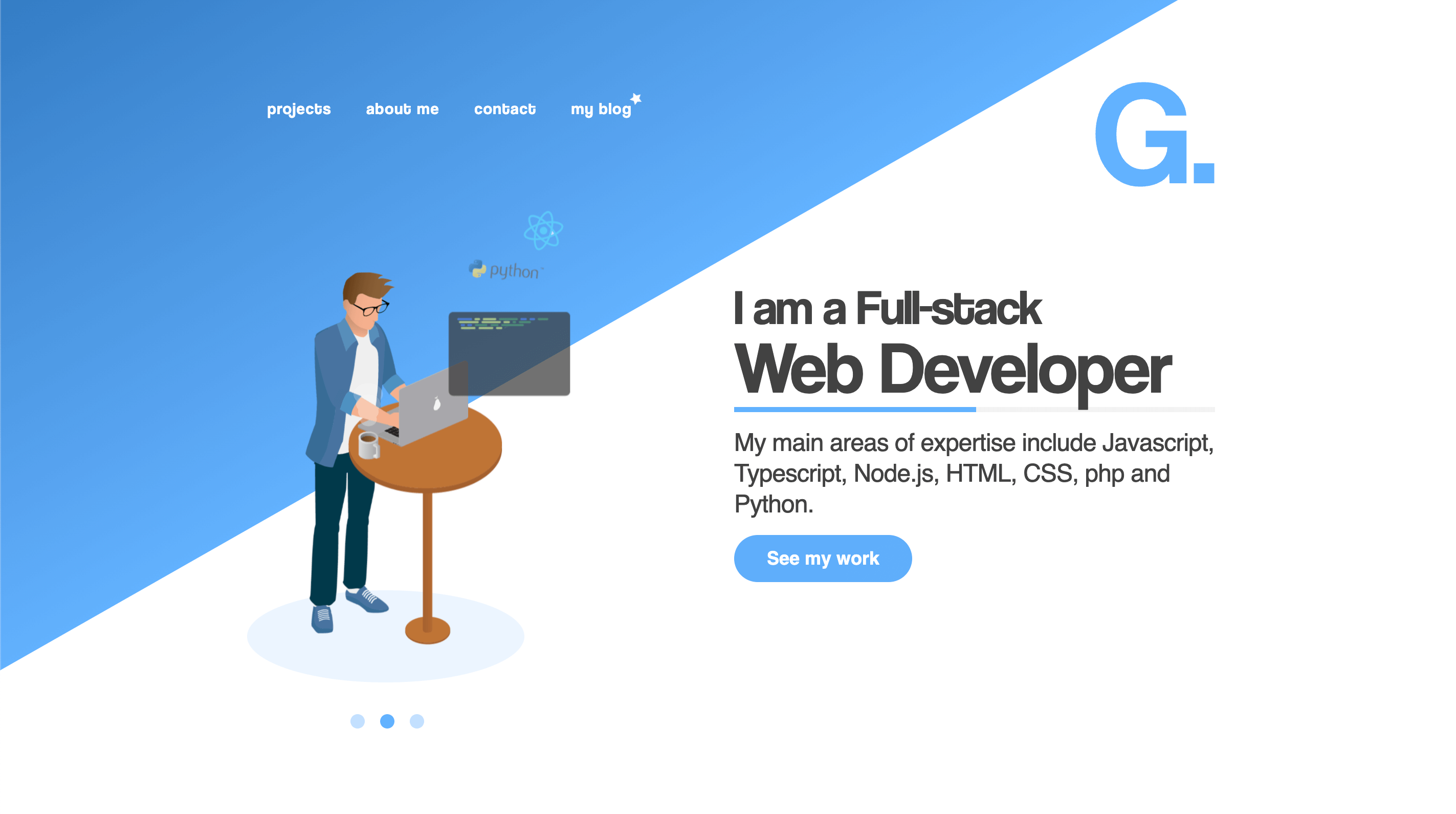 Andris Gauracs' resume website featuring an animated self portrait next to the text "I am a full-stack web developer. My main areas of expertise include Javascript, Typescript, Node.js, HTML, CSS, php, and Python."