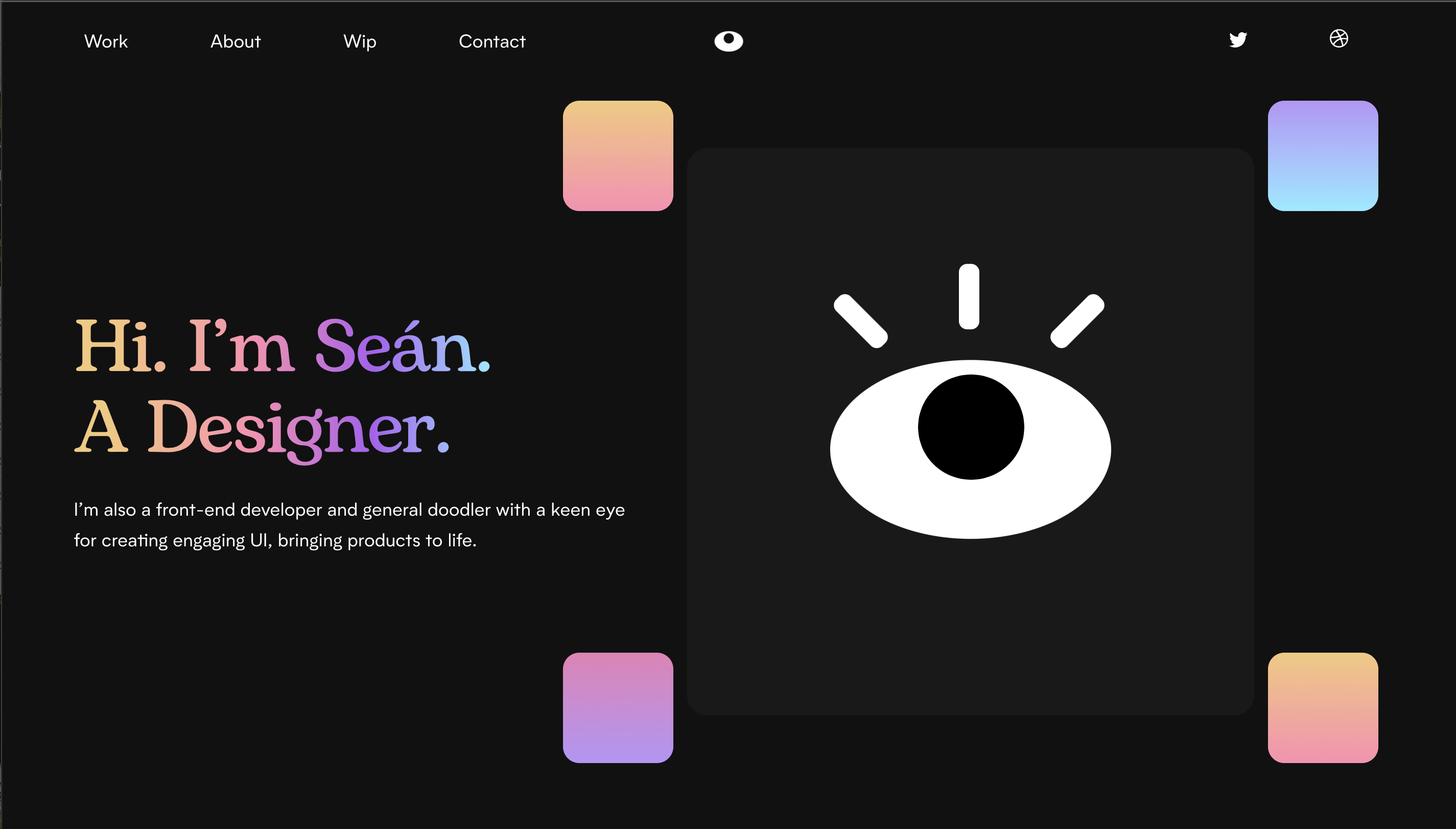 Sean Halpin's homepage with a black background and pastel gradient features. The text reads "Hi. I'm Sean. A Designer. I'm also a front-end developer and general doodler with a keen eye for engaging UI, bringing products to life."