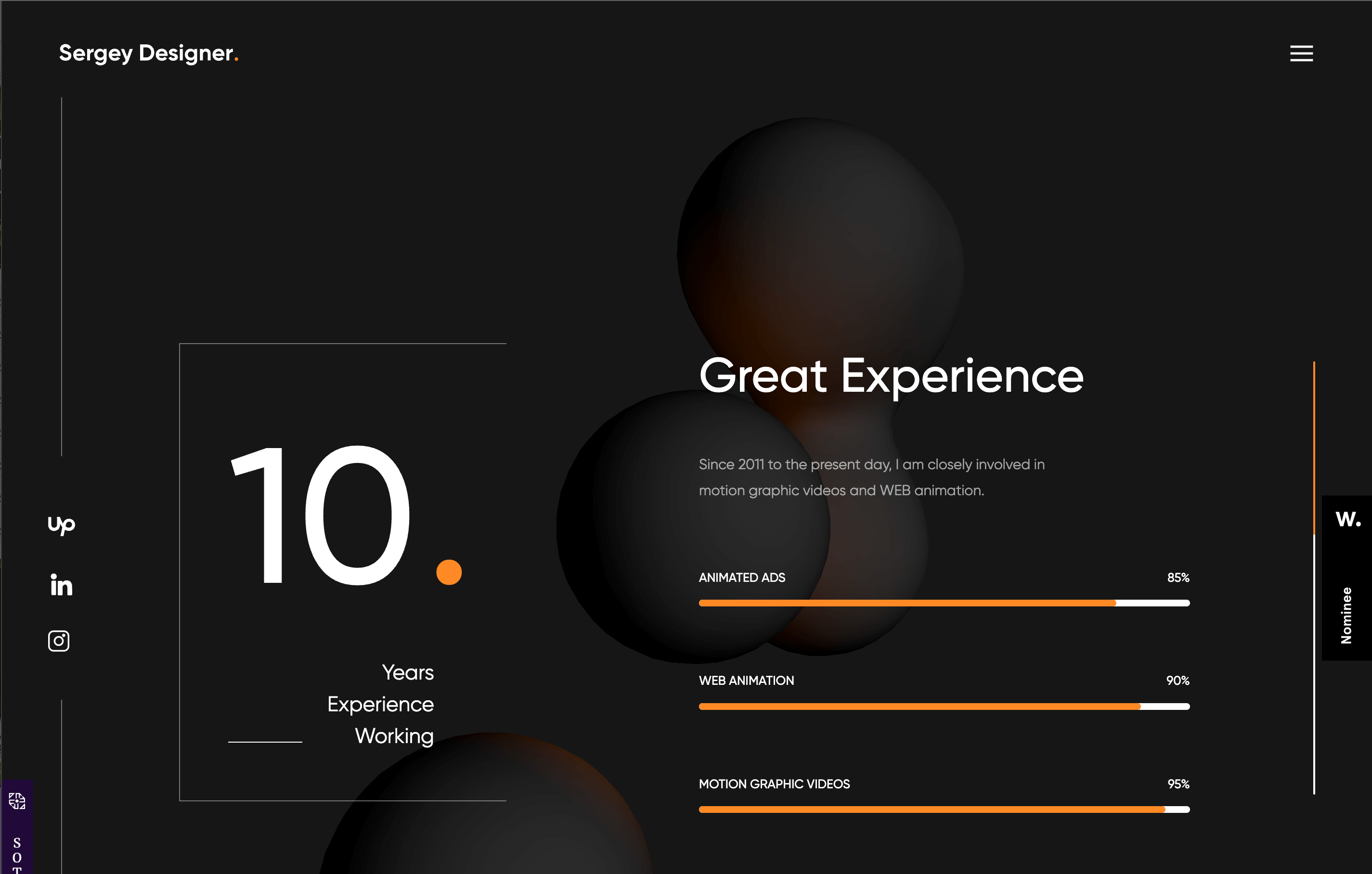 Sergey Designer's experience page. The highlights include animated ads, web animation, and motion graphic videos. The background image is of 3D, abstract blobs. 