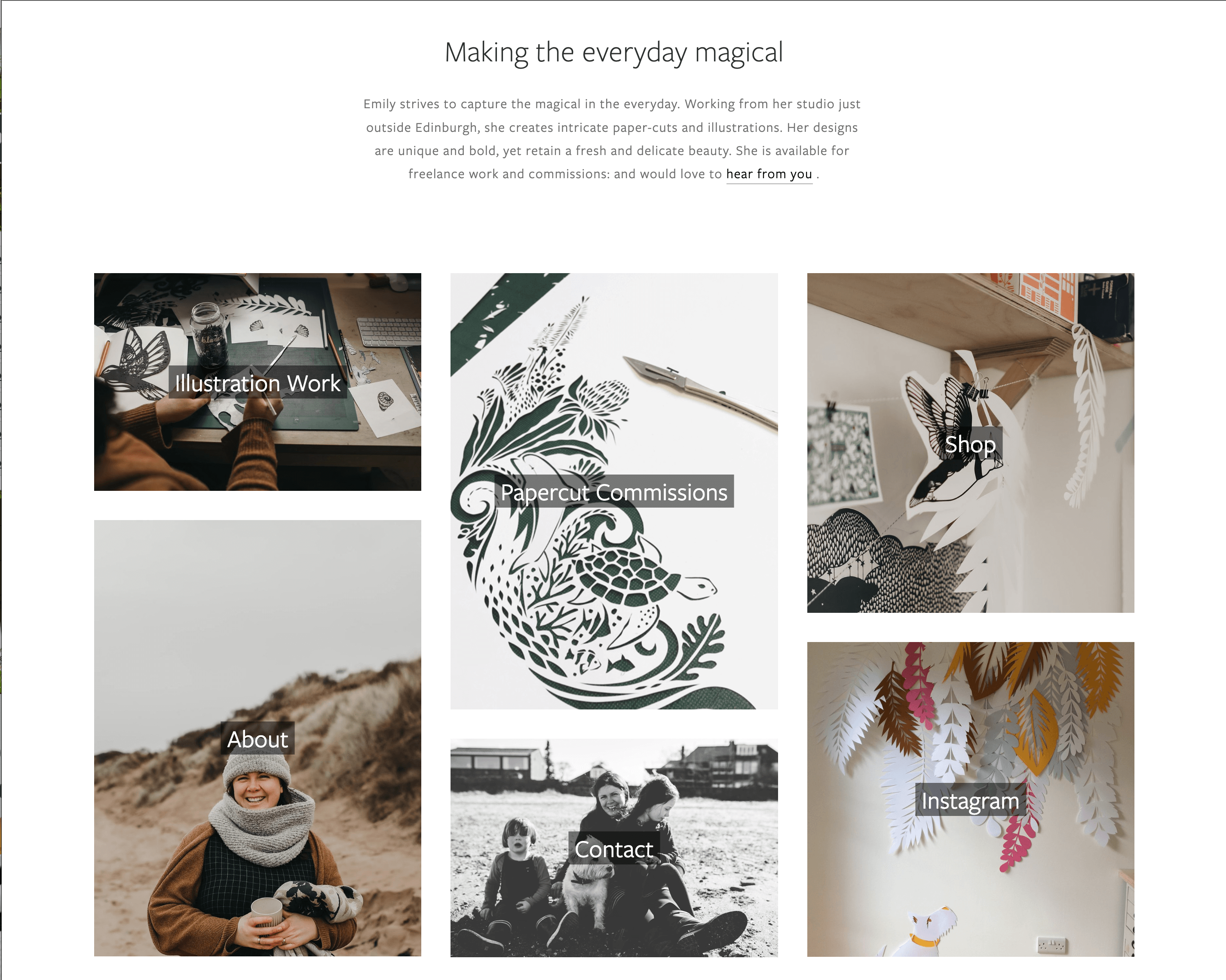 The home page for artist Emily Hogarth. The headline reads "Making the everyday magical. A series of images of her work link to other pages including "Illustration work," "Papercut commissions", "Shop", "About", "Contact," and "Instagram."