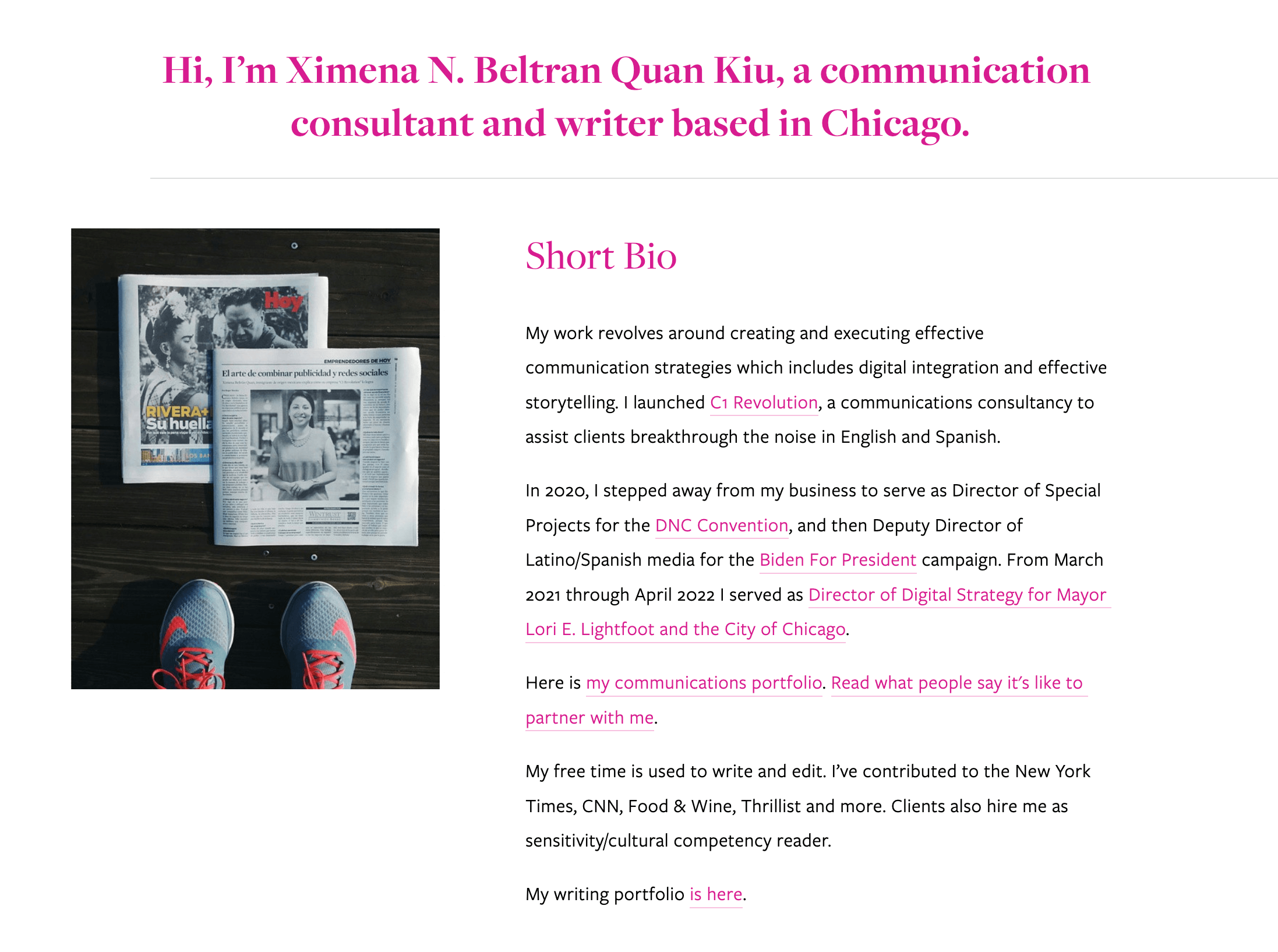 The bio page for Ximena N. Beltran Quan Kiu, a communication consultant and writer based in Chicago. The image is of an article about her next to a pair of shoes. The bio details the highlights of her political communications career.