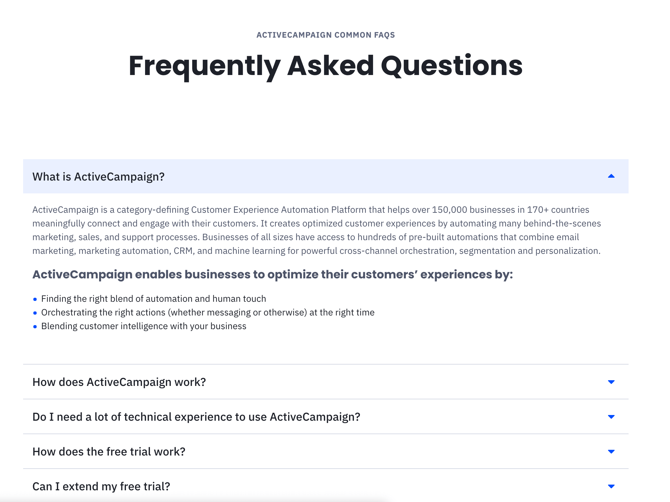 ActiveCampaign's FAQ Page