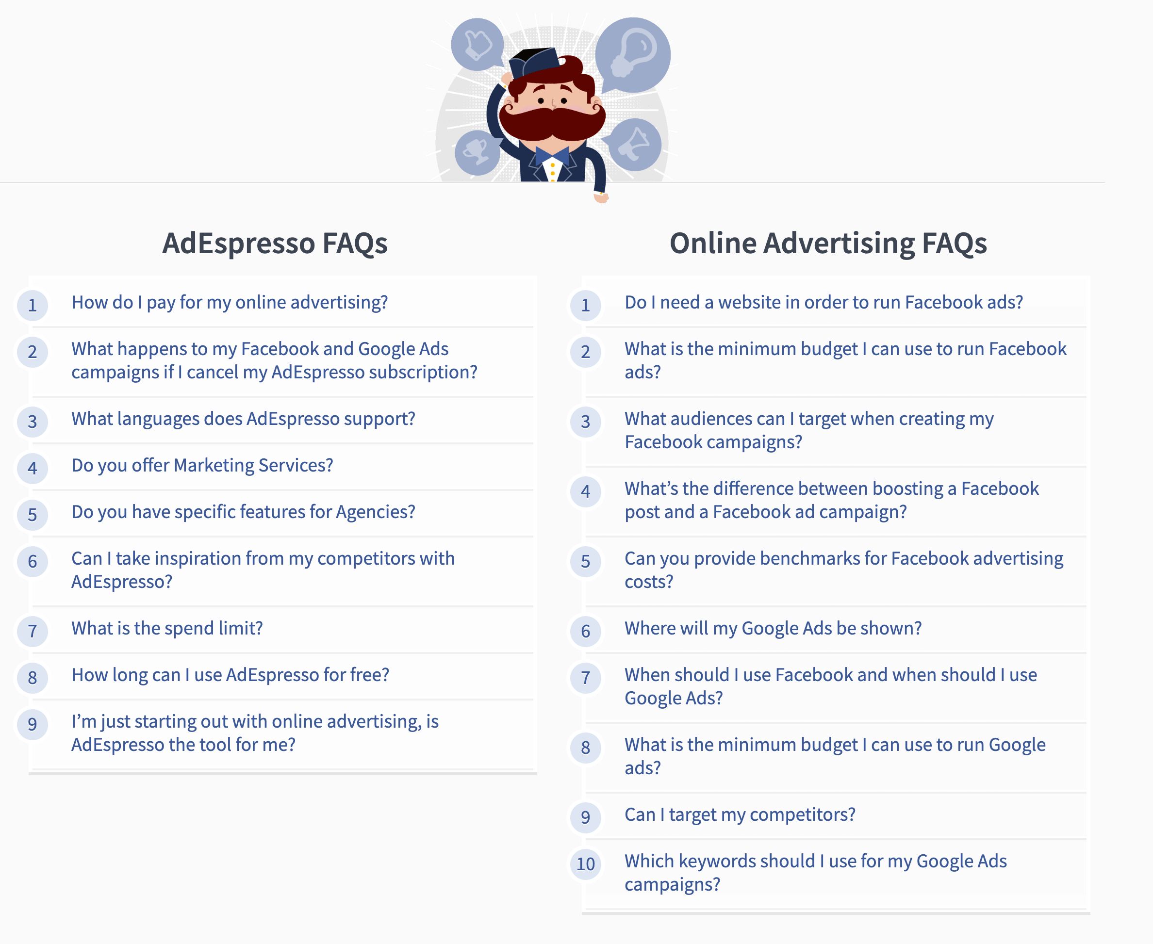 AdEspresso's FAQ page