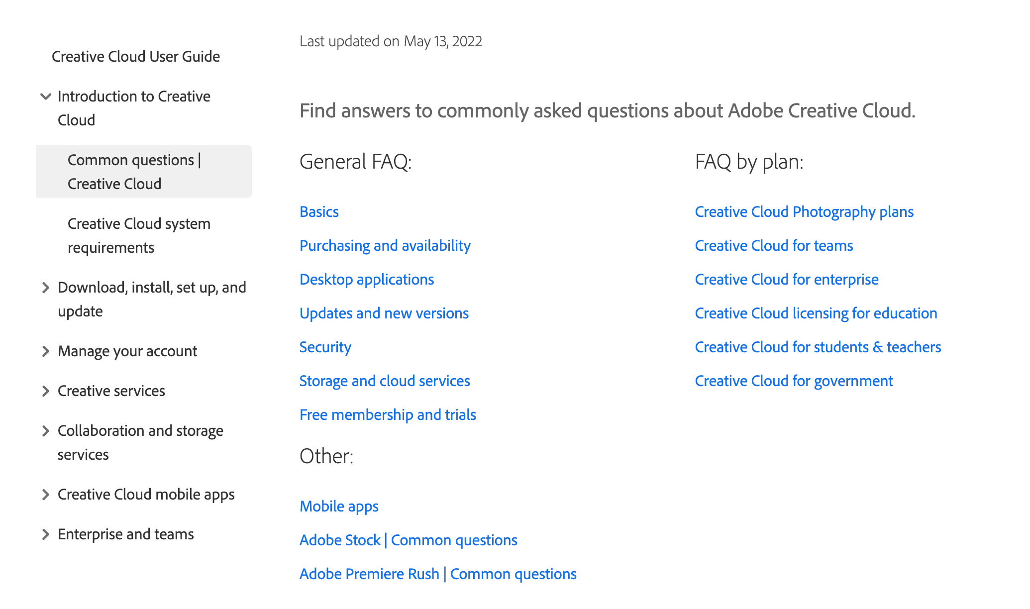 Adobe Creative Cloud's FAQ Page