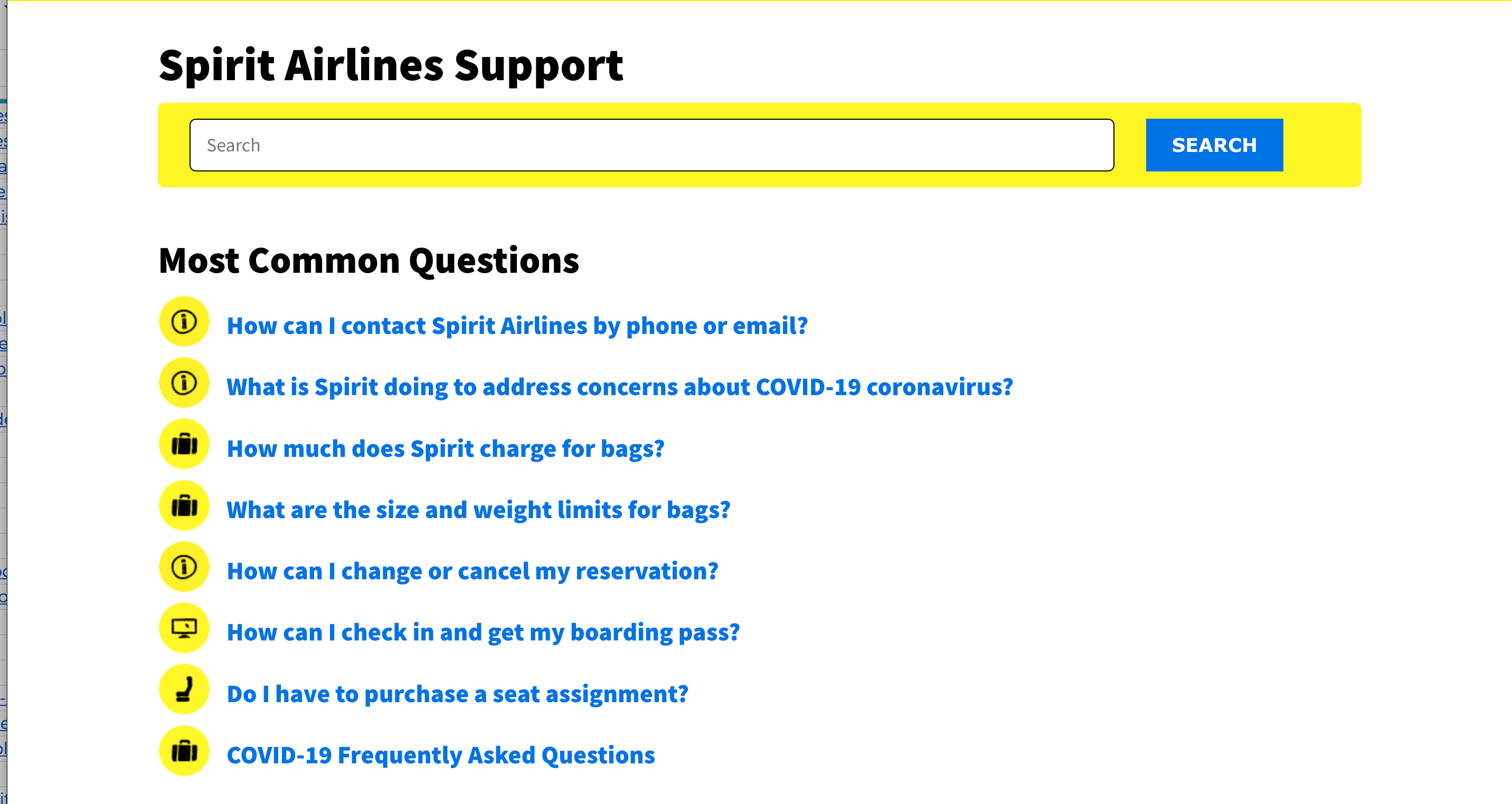 Spirit Airlines FAQ Page