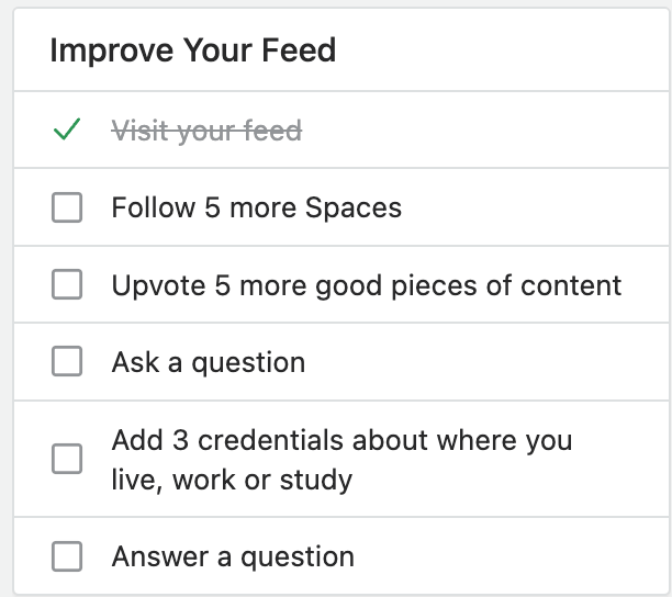 The "Improve your feed" checklist with "view your feed" crossed off