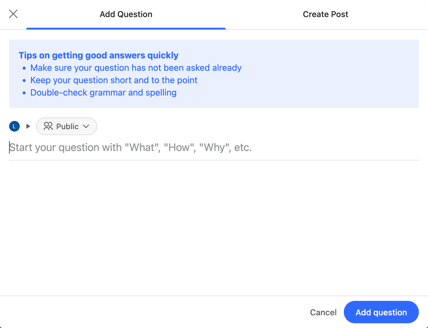The "Add question" popup