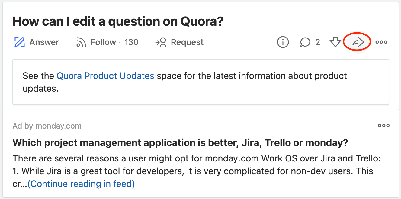 A question about editing questions on Quora with the share button circled