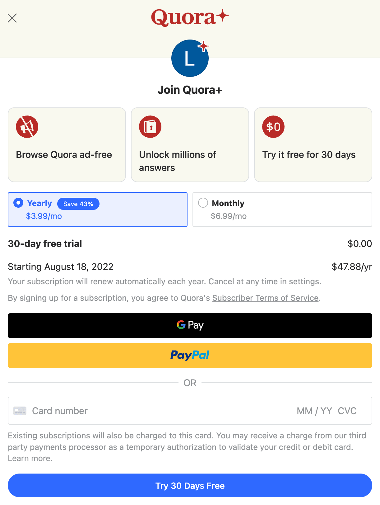 The "Try Quora+" pop-up